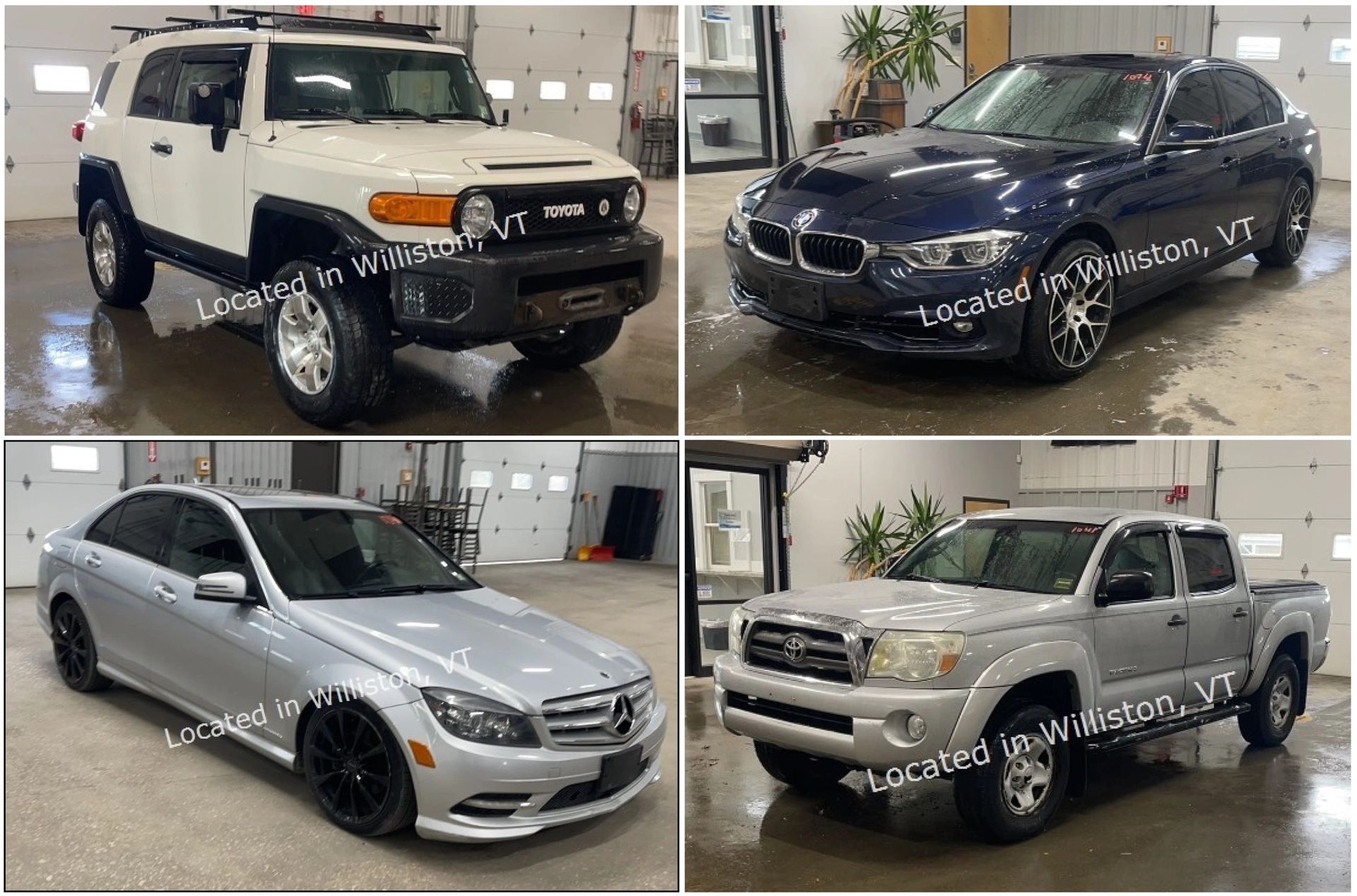 Four vehicles: blue pickup truck, gray sedan, gray minivan, and white refrigerated box truck.