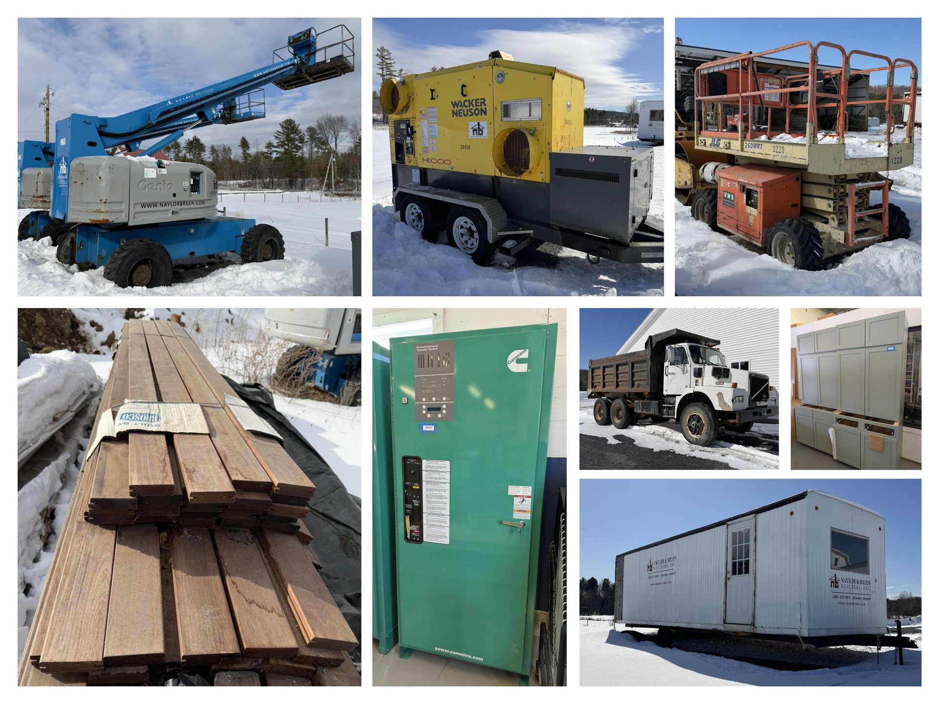 Collage of various vintage machinery: bulldozer, industrial press, backhoes, classic car, and antique gas pump
