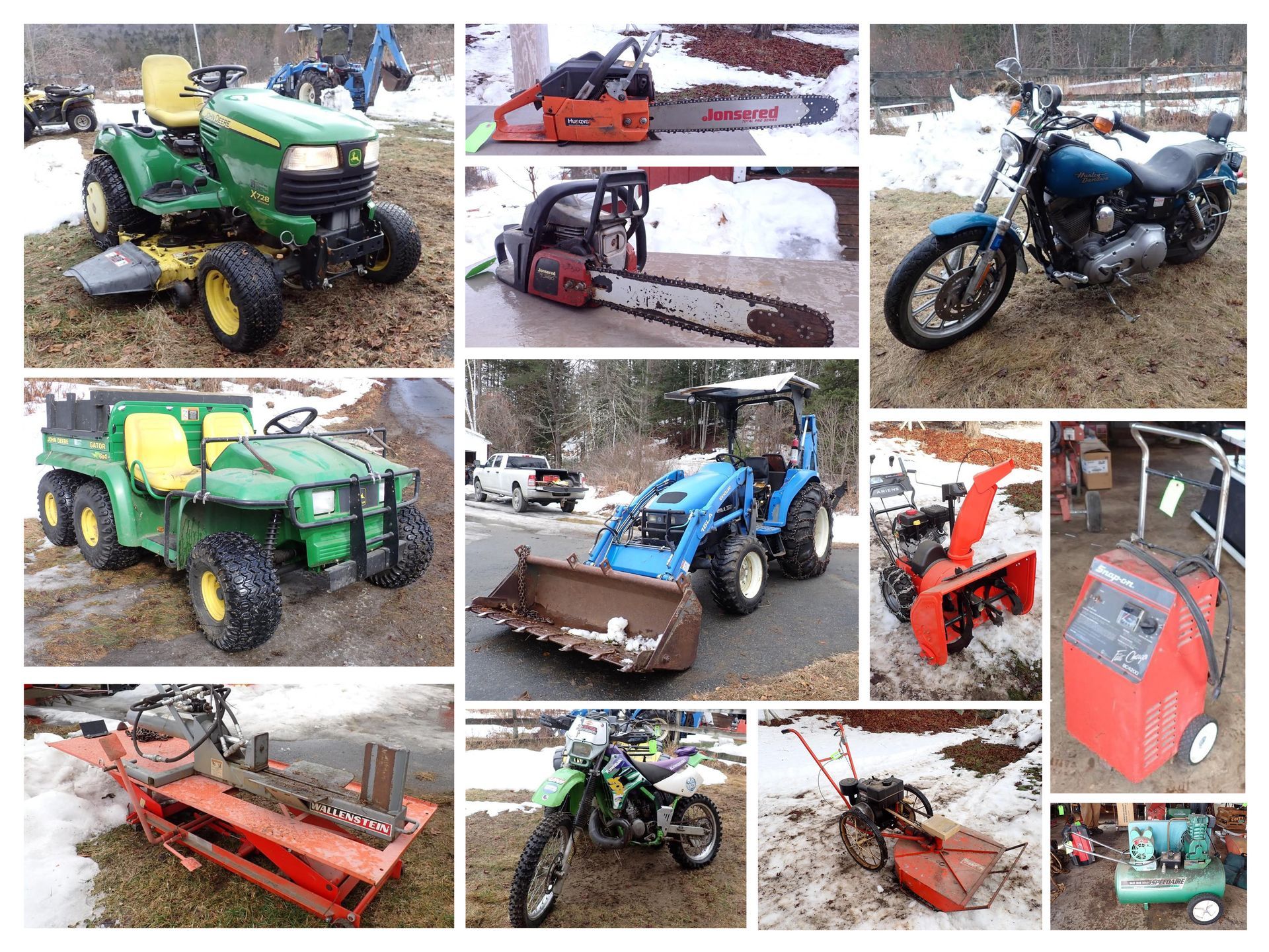 Collage of various vintage machinery: bulldozer, industrial press, backhoes, classic car, and antique gas pump