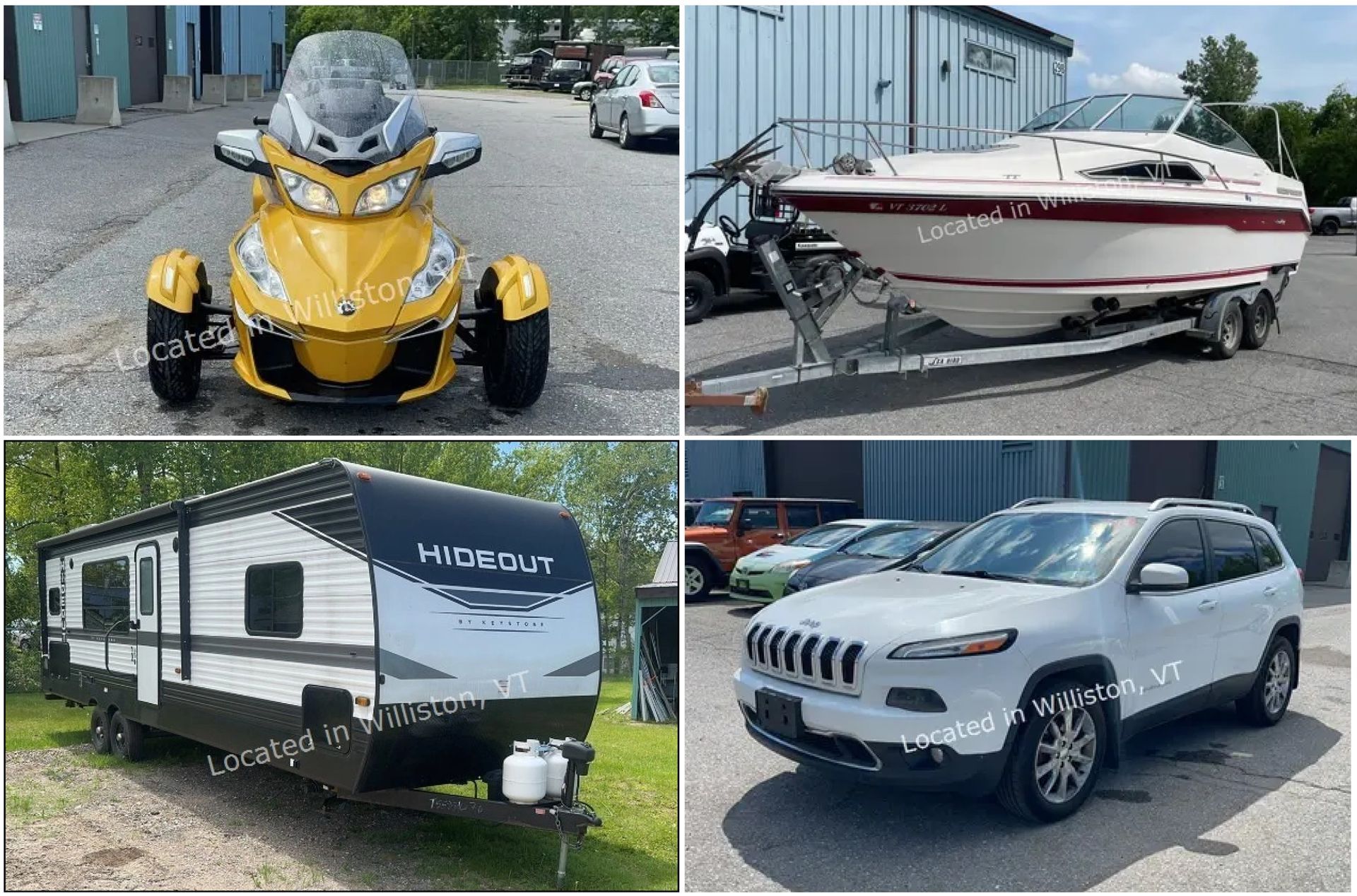 Collage of a yellow three-wheeled roadster, white speedboat, white-and-black travel trailer, and white SUV