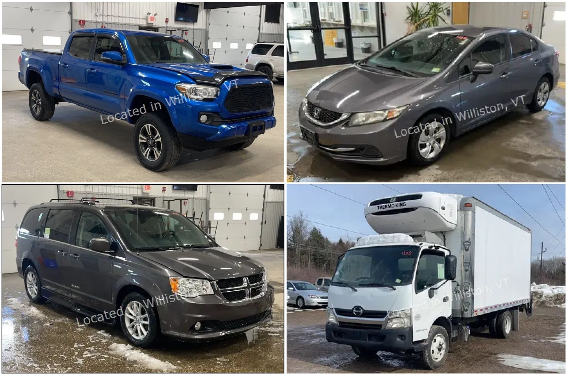 Four vehicles: blue pickup truck, gray sedan, gray minivan, and white refrigerated box truck.