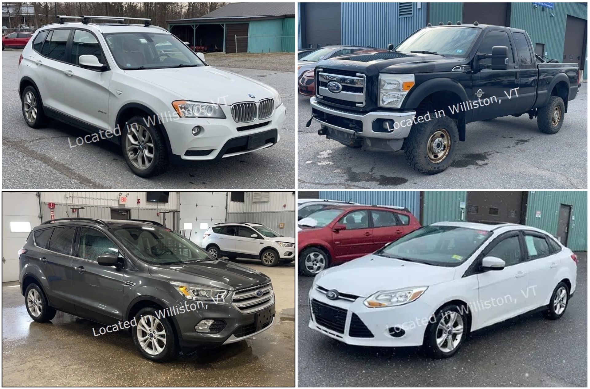 Four vehicles: blue pickup truck, gray sedan, gray minivan, and white refrigerated box truck.