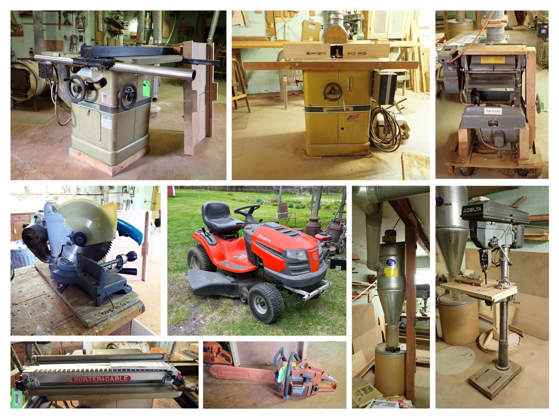 Collage of metalworking machines and tools in a workshop, including saws, drill presses, and a lawn mower.