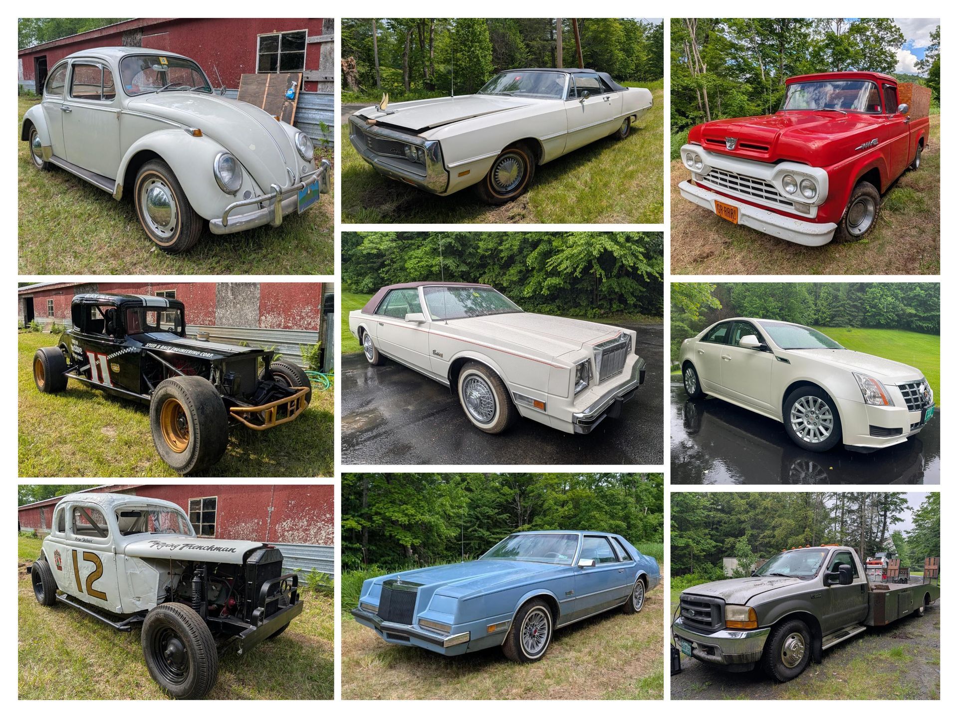 Collage of nine classic cars and trucks in various colors parked outdoors