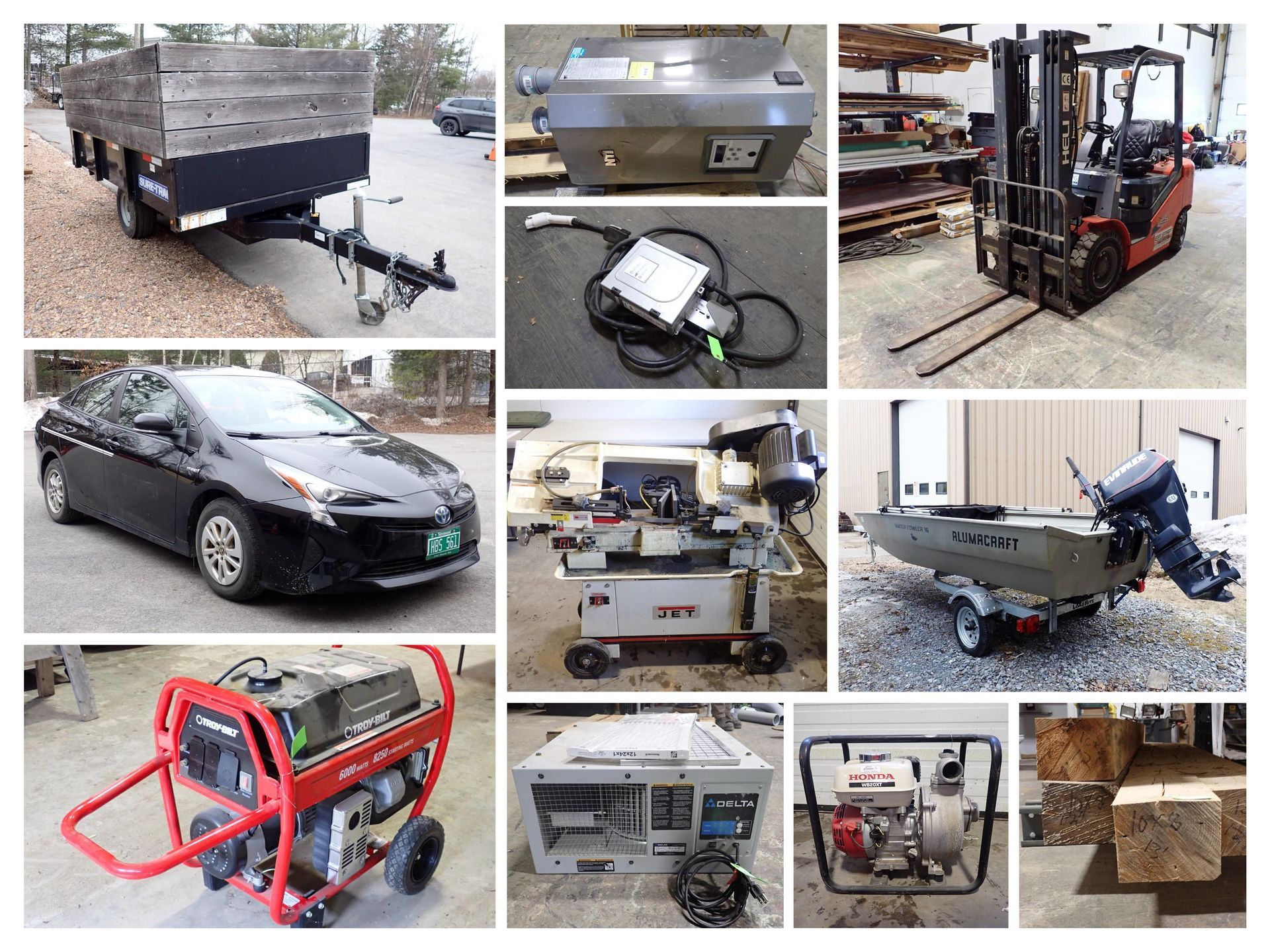 Collage of various vintage machinery: bulldozer, industrial press, backhoes, classic car, and antique gas pump