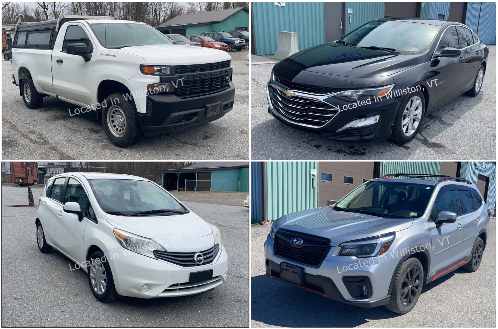 Four vehicles: blue pickup truck, gray sedan, gray minivan, and white refrigerated box truck.
