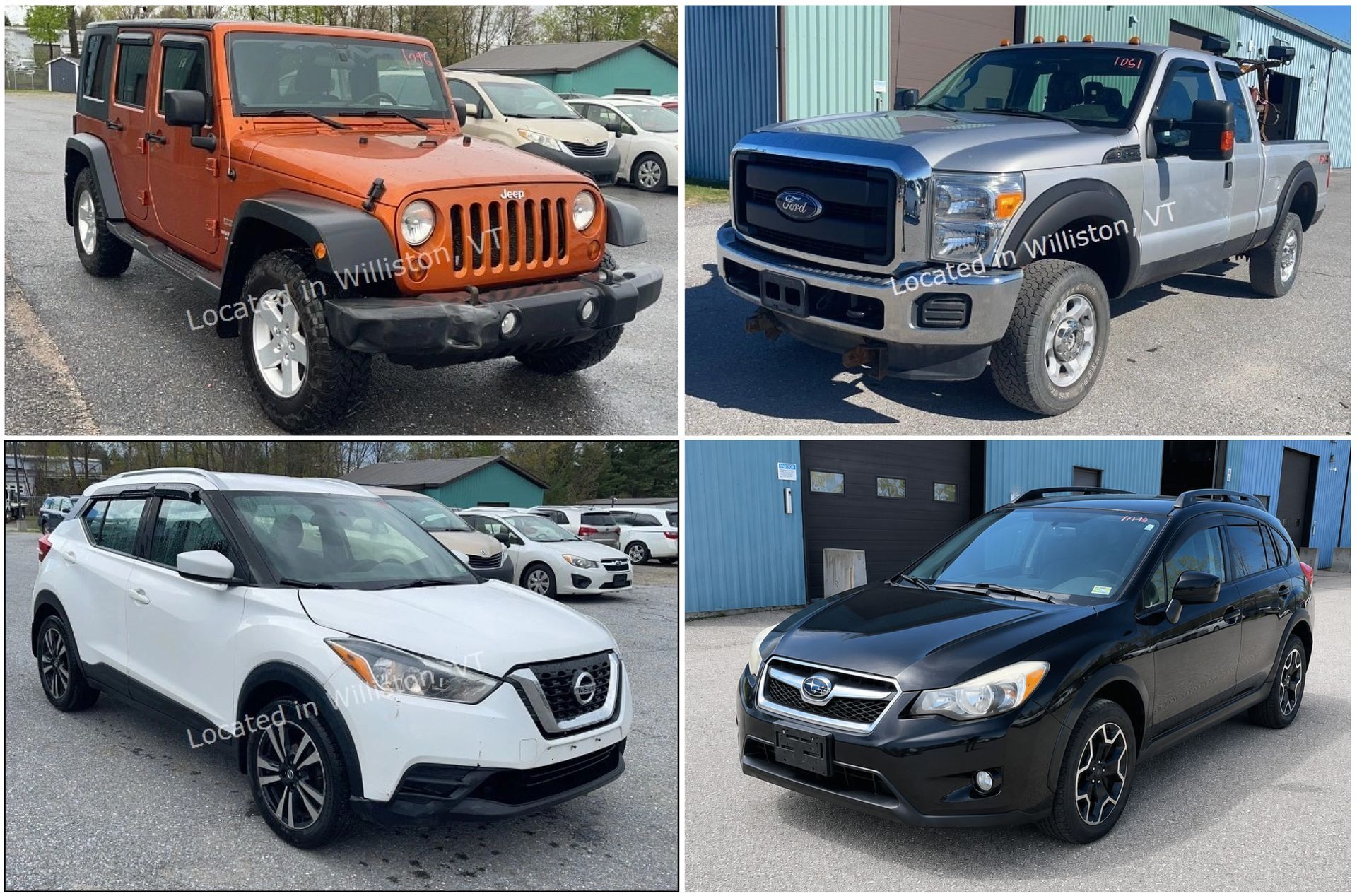 Four vehicles: blue pickup truck, gray sedan, gray minivan, and white refrigerated box truck.