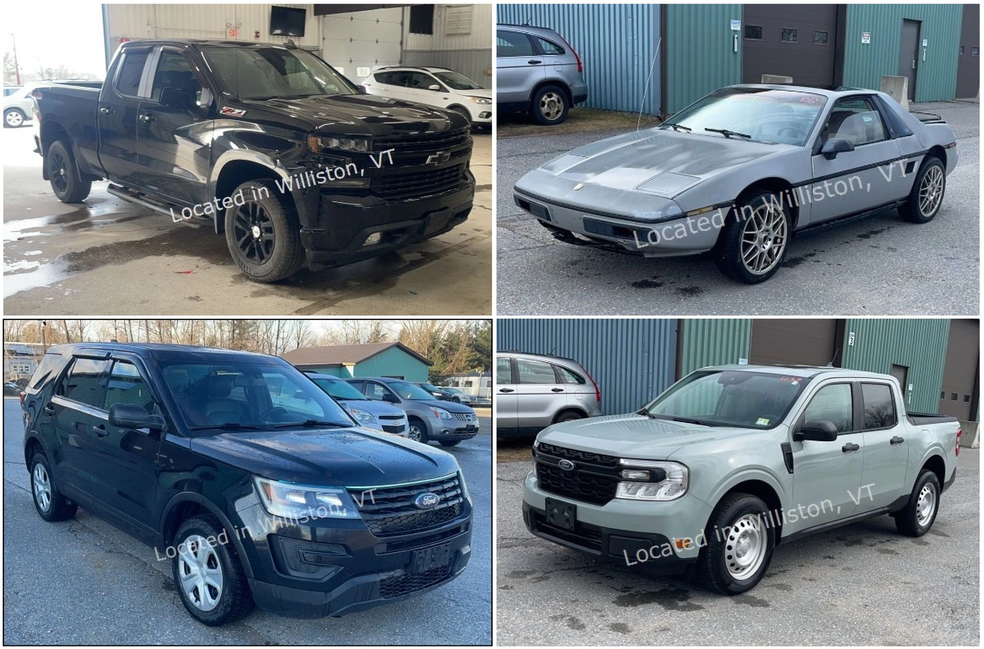Four vehicles: blue pickup truck, gray sedan, gray minivan, and white refrigerated box truck.
