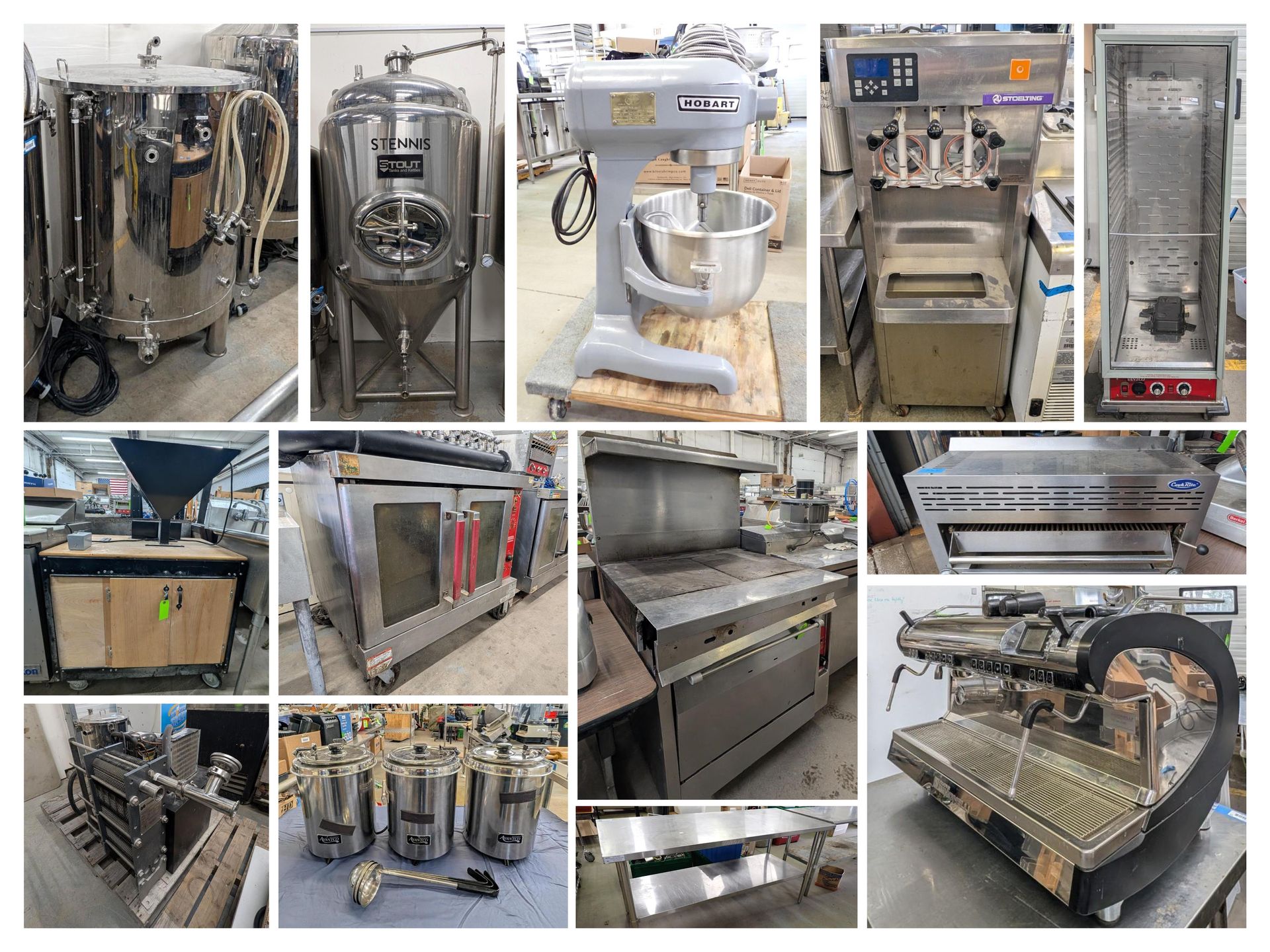 Collage of stainless steel industrial food-processing machines and equipment in a factory setting