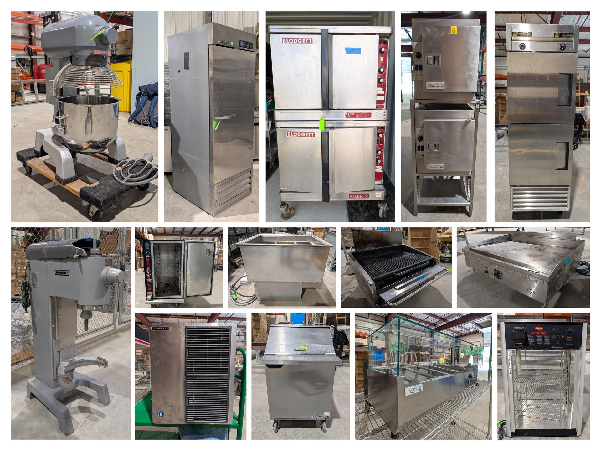Collage of commercial kitchen equipment, including stainless steel carts, ovens, and food prep stations