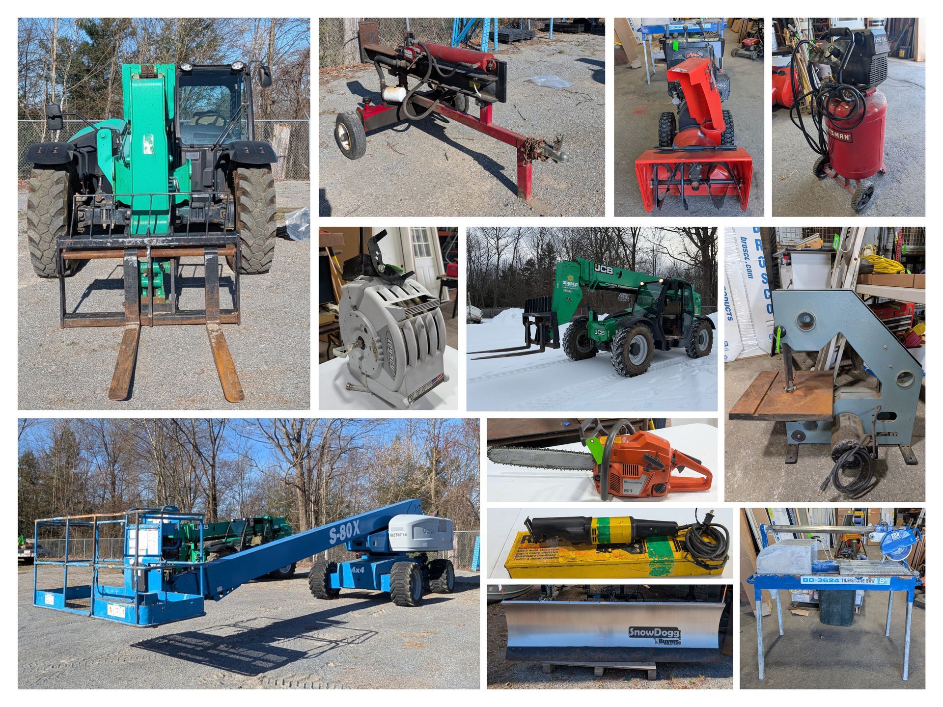 Collage of various vintage machinery: bulldozer, industrial press, backhoes, classic car, and antique gas pump