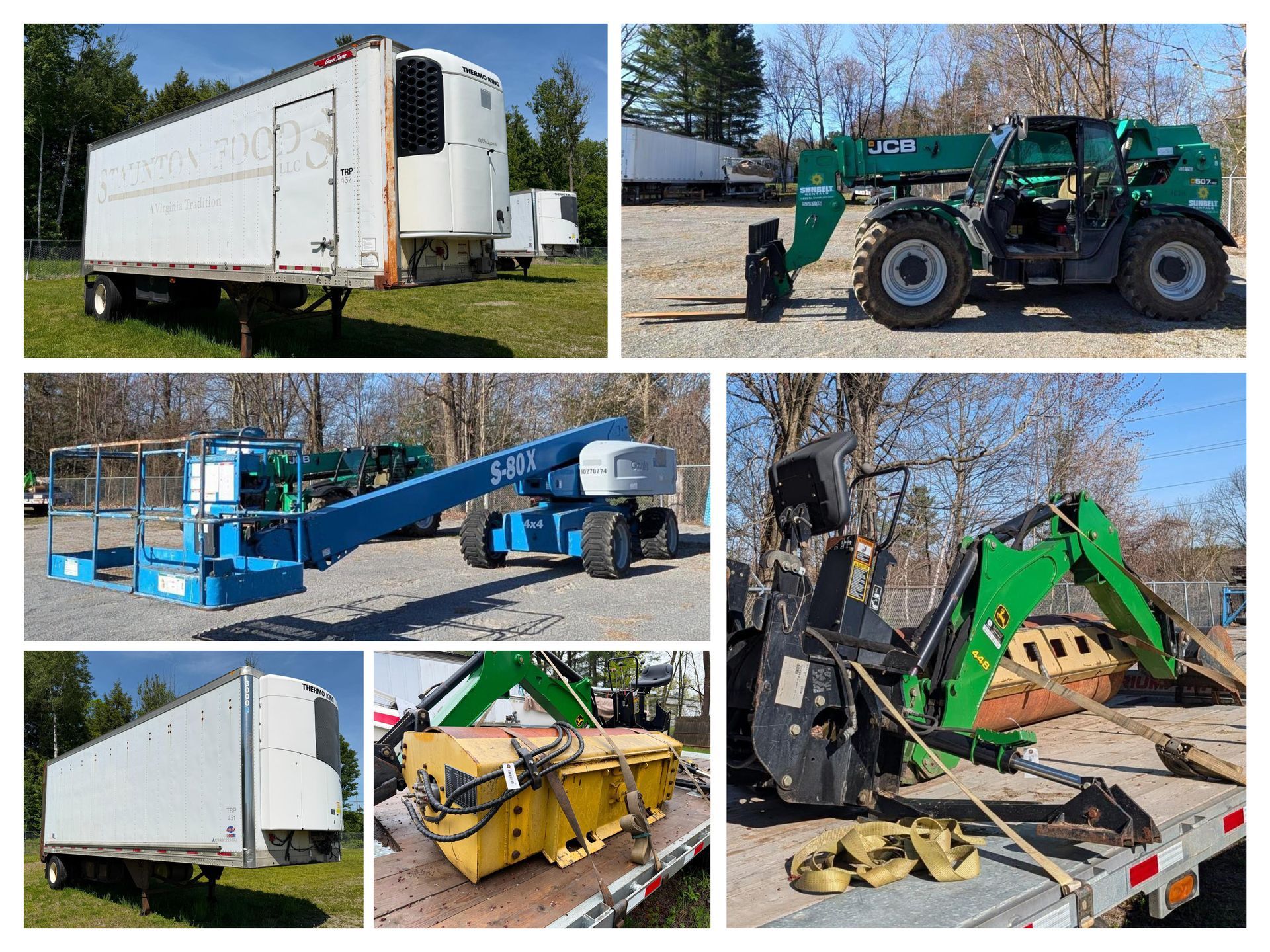 Collage of various vintage machinery: bulldozer, industrial press, backhoes, classic car, and antique gas pump
