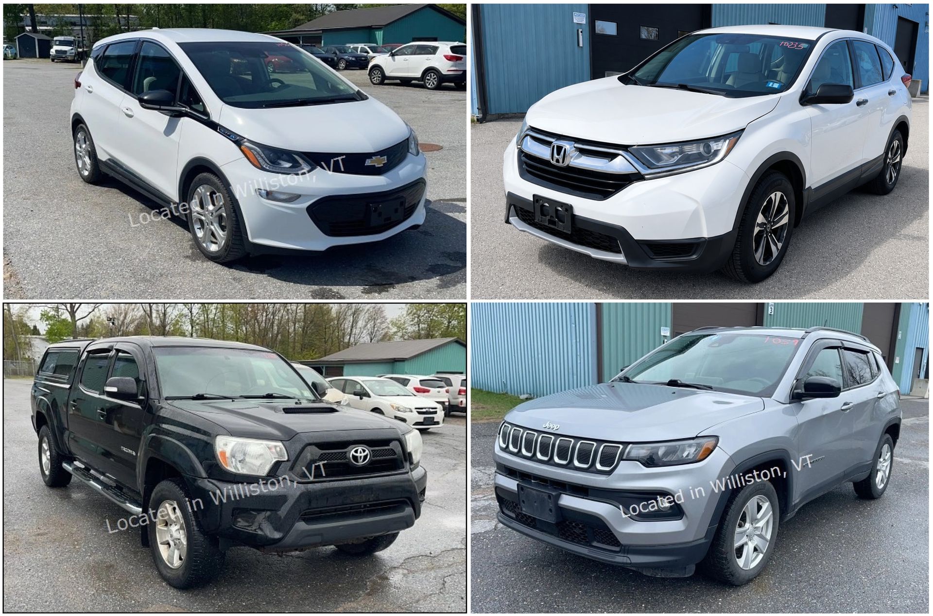 Four vehicles: blue pickup truck, gray sedan, gray minivan, and white refrigerated box truck.