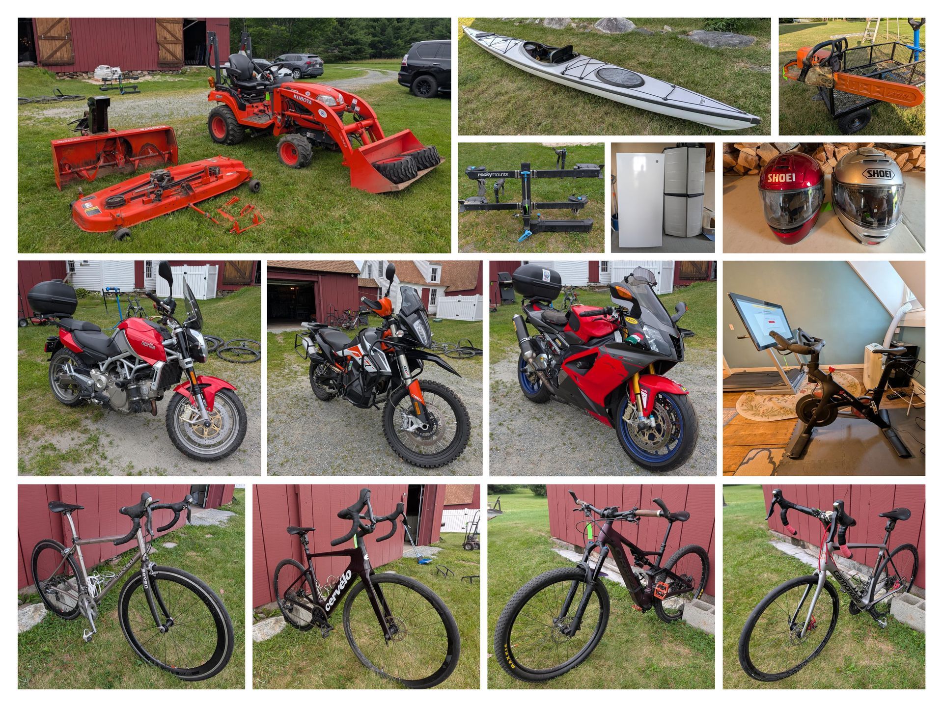 Collage of industrial machines, equipment, and shelving in a workshop or storage space