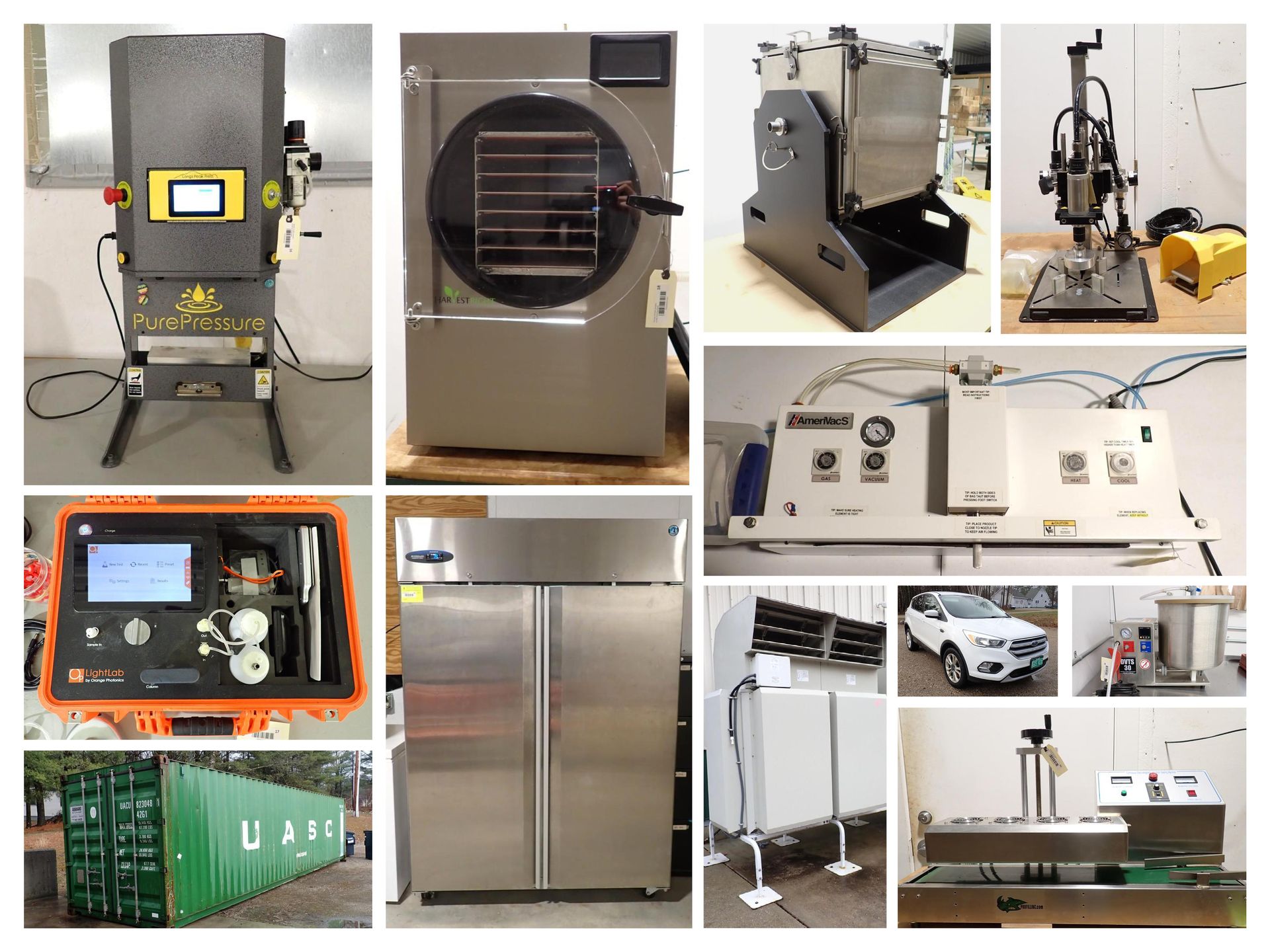 Collage of industrial and lab equipment, including machines, control panels, and stainless steel cabinets