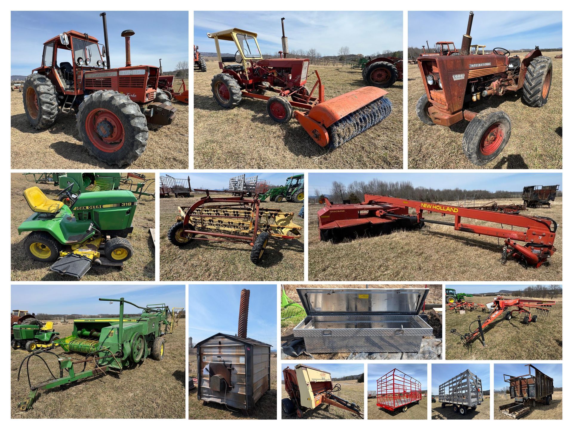 Collage of various vintage machinery: bulldozer, industrial press, backhoes, classic car, and antique gas pump