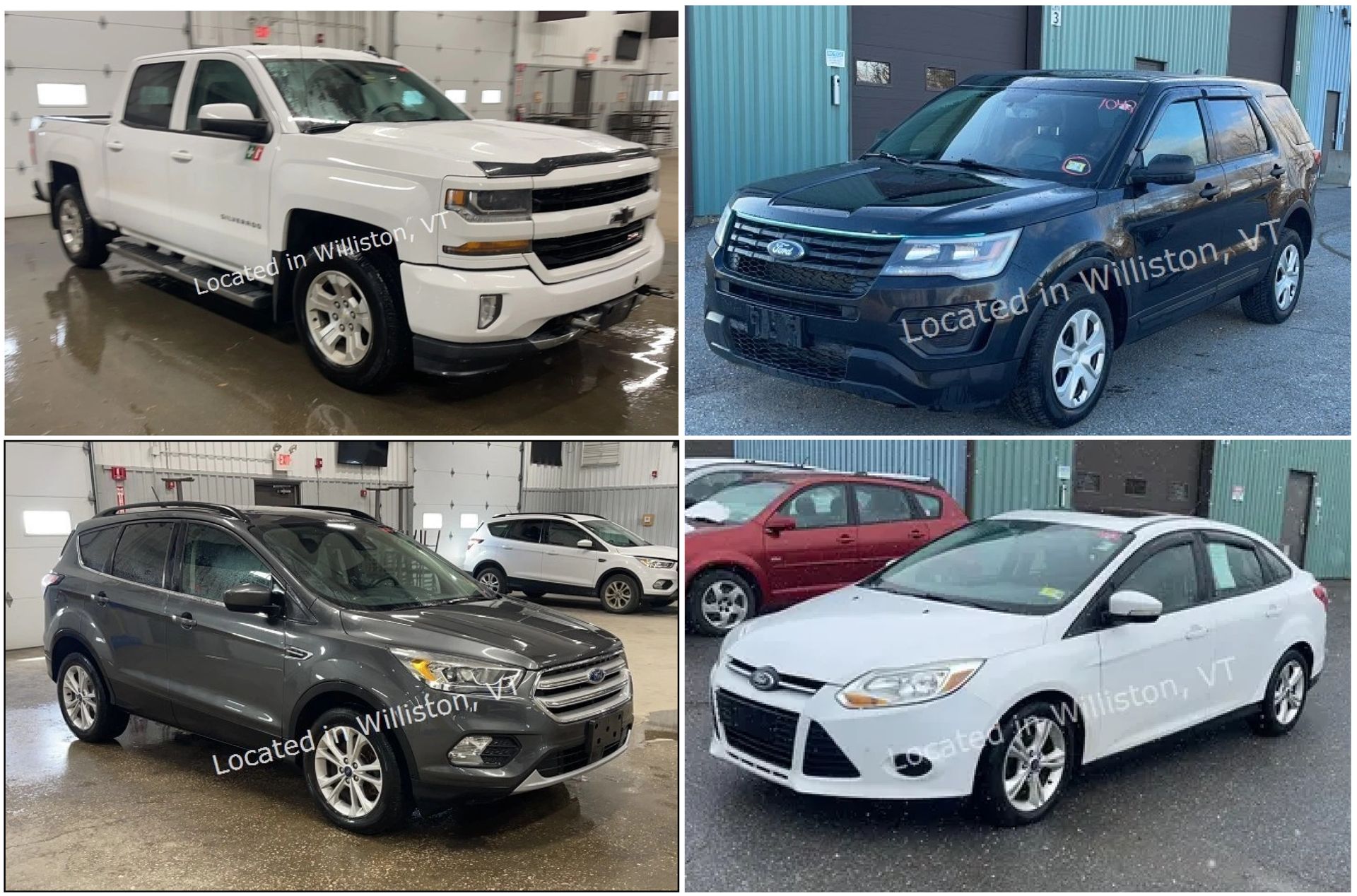 Four vehicles: blue pickup truck, gray sedan, gray minivan, and white refrigerated box truck.