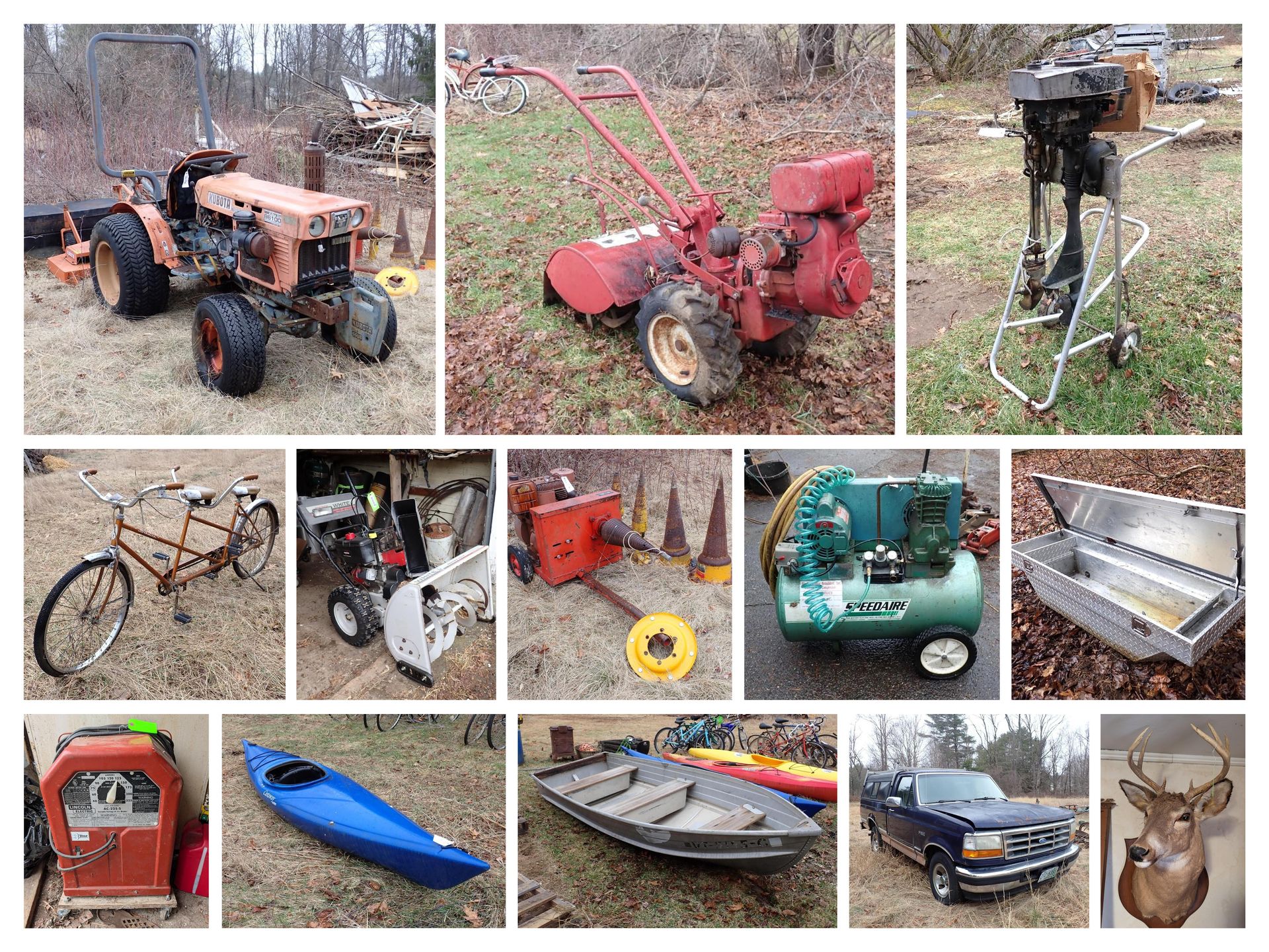 Collage of various vintage machinery: bulldozer, industrial press, backhoes, classic car, and antique gas pump