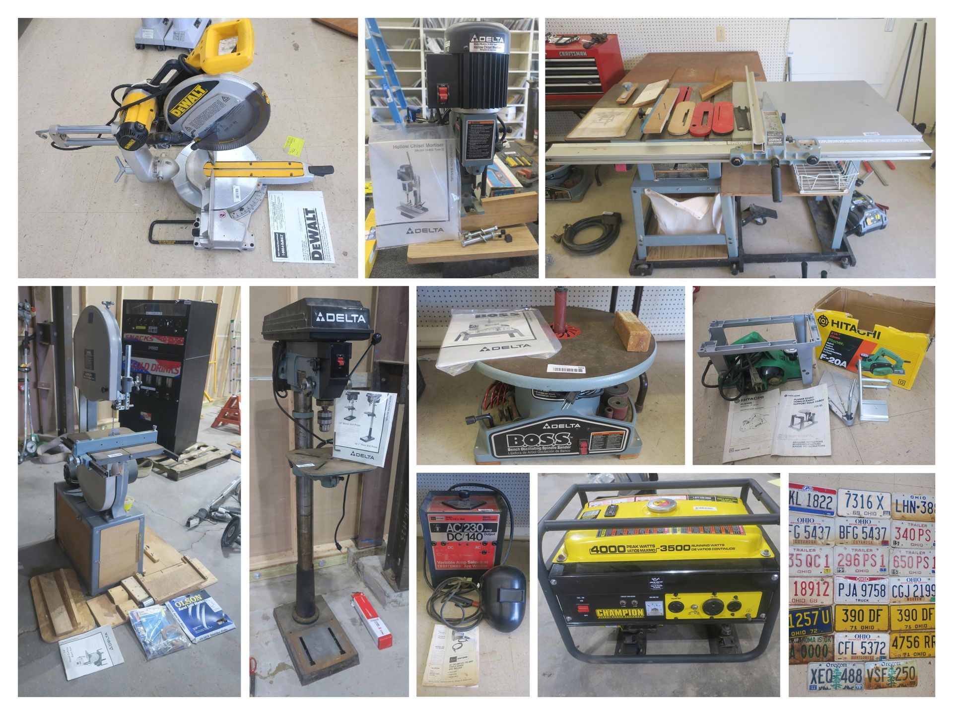 Collage of workshop machines and tools, including saws, drill press, workbenches, and equipment cabinets