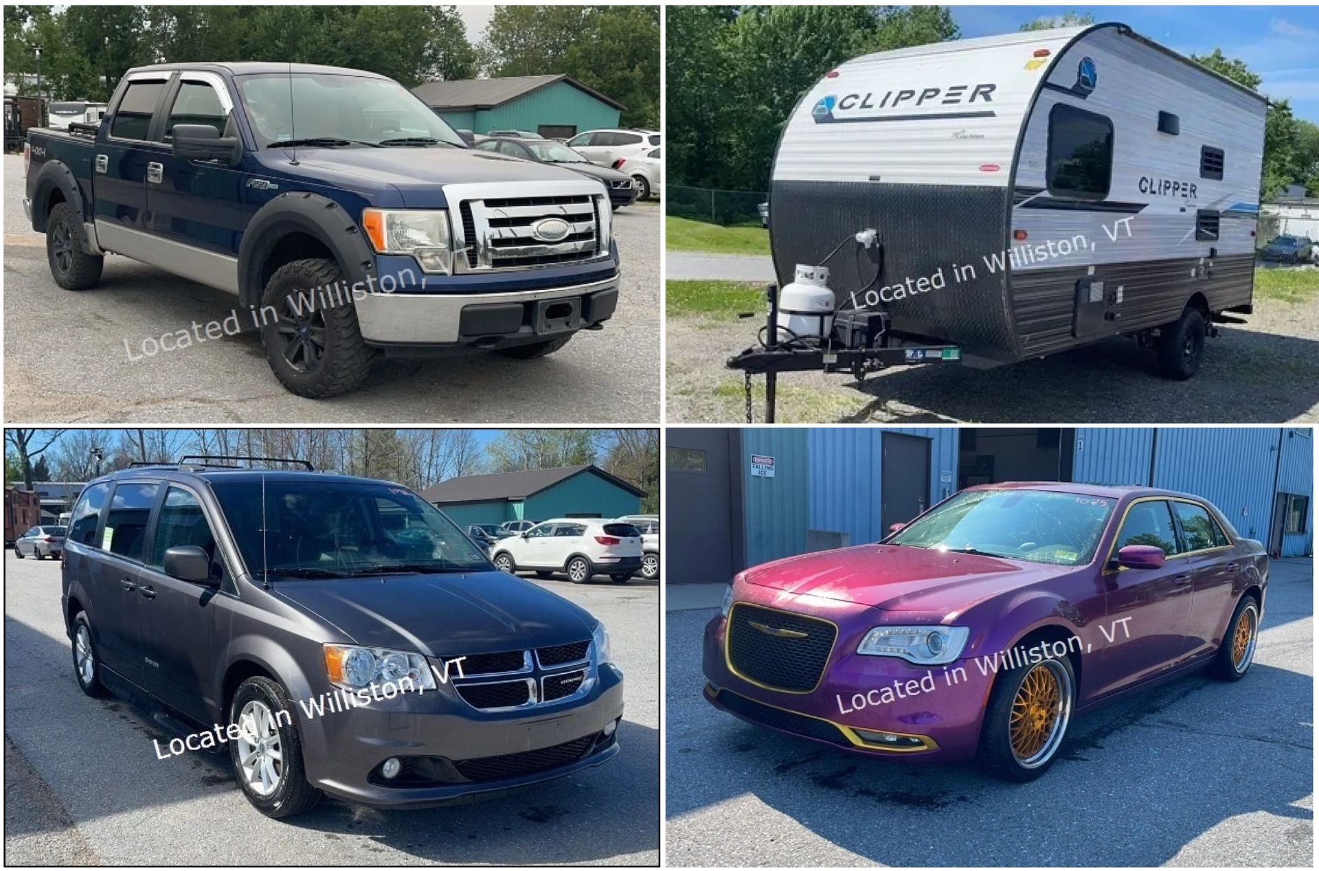 Four vehicle photos: a black pickup, a white camper trailer, a dark SUV, and a maroon sedan with gold rims.