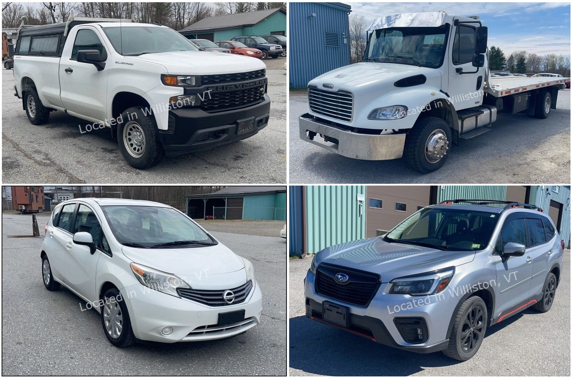 Four vehicles: blue pickup truck, gray sedan, gray minivan, and white refrigerated box truck.