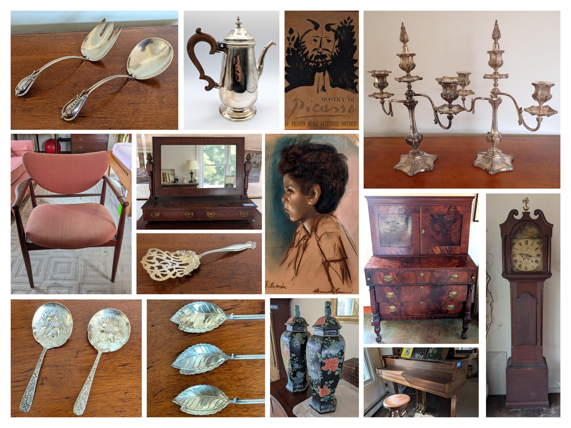 Collage of various vintage machinery: bulldozer, industrial press, backhoes, classic car, and antique gas pump