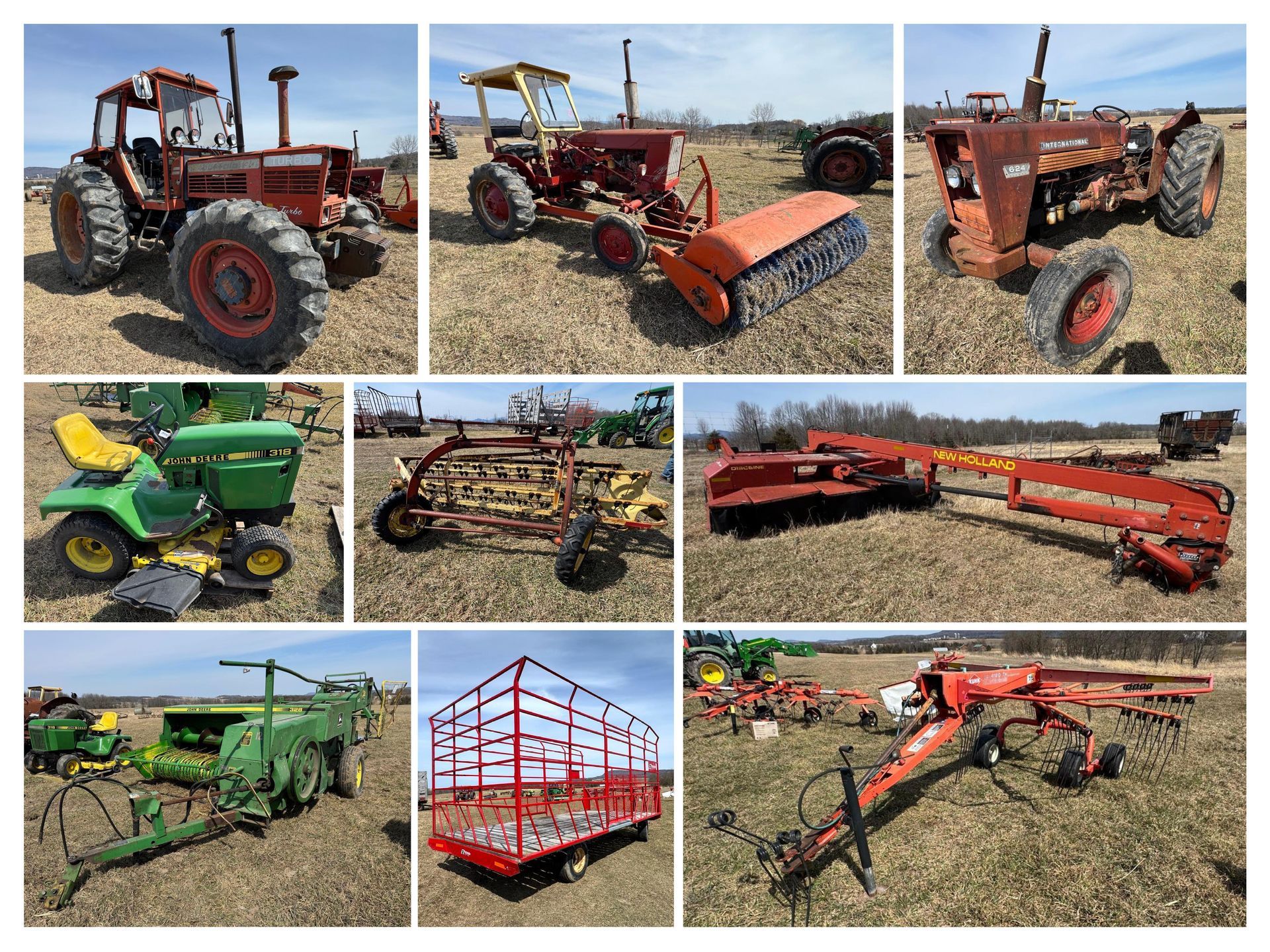 A grid collage shows various agricultural equipment, including tractors, a mower, a trailer, and hay raking machinery.