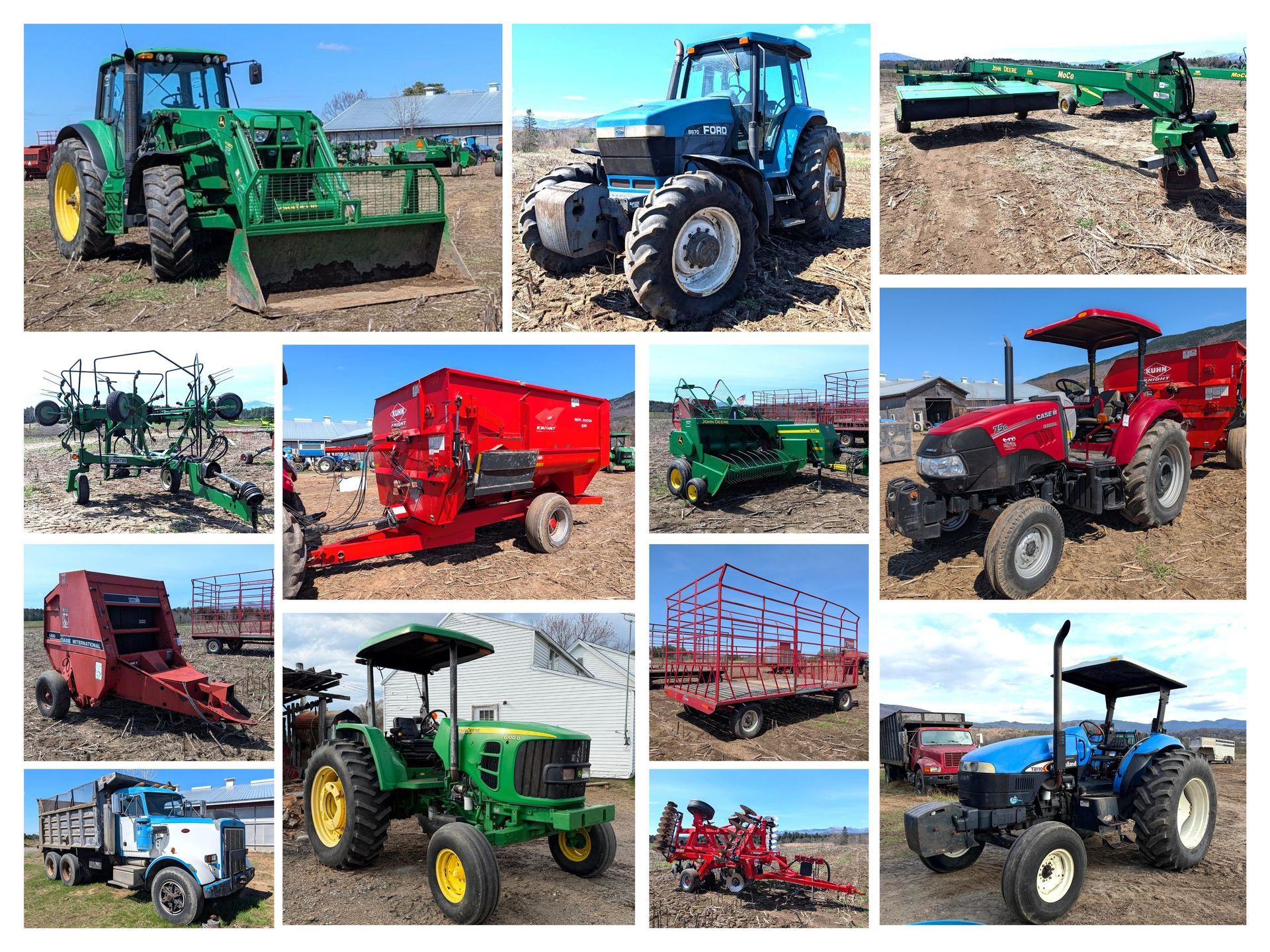 A grid collage shows various agricultural equipment, including tractors, a mower, a trailer, and hay raking machinery.