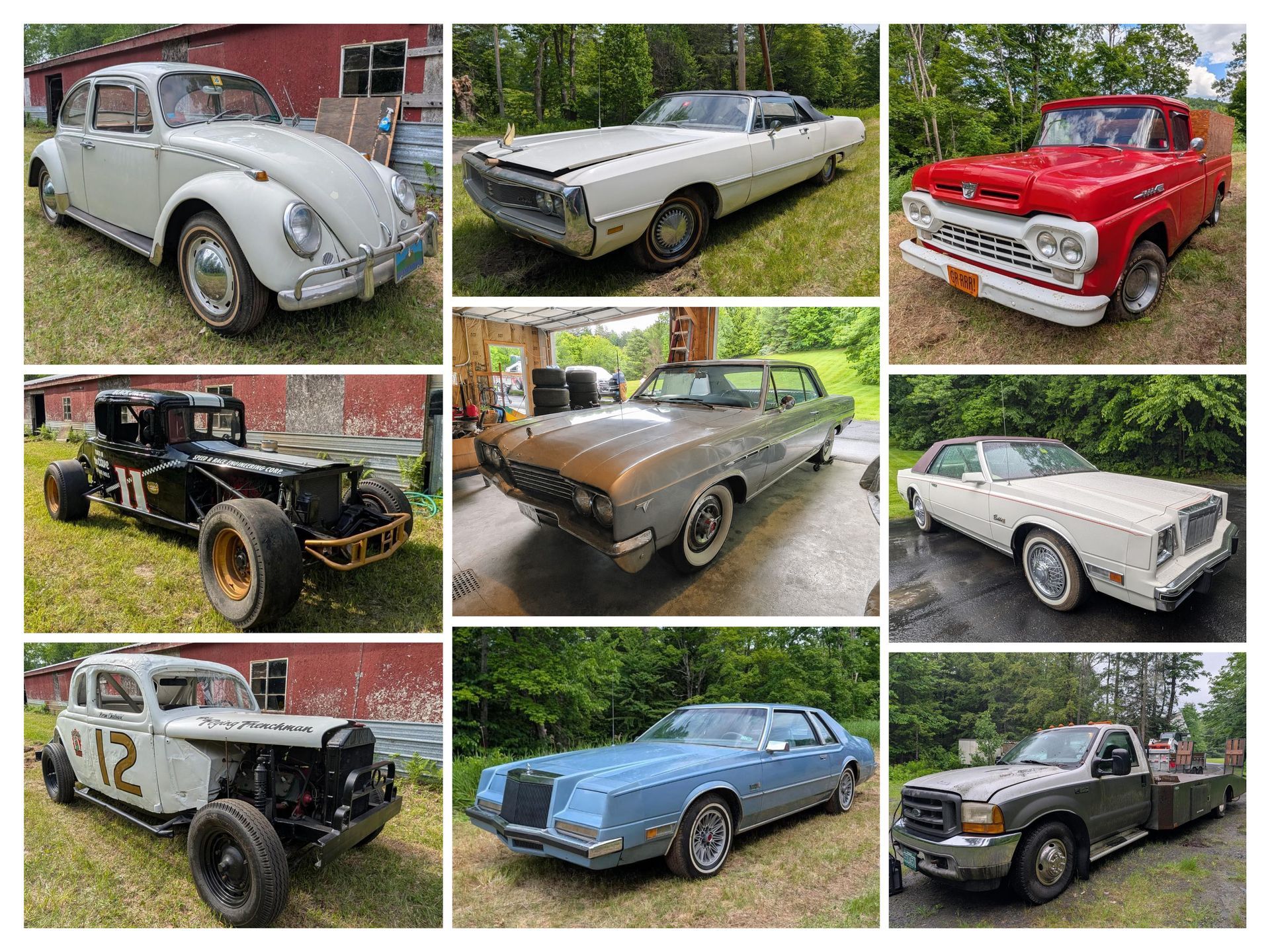 Collage of nine classic cars and trucks in various colors parked outdoors