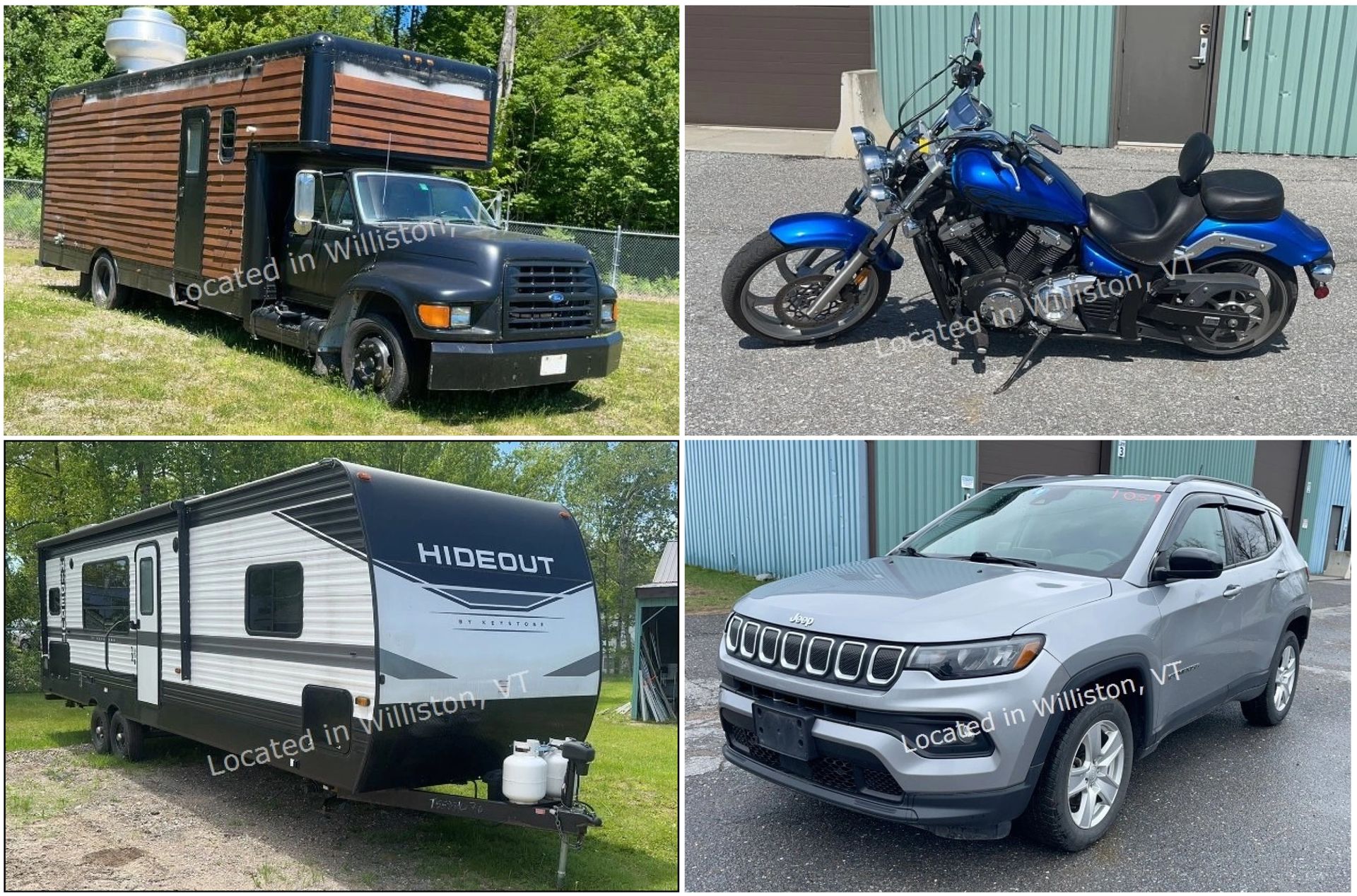 Four vehicles: blue pickup truck, gray sedan, gray minivan, and white refrigerated box truck.
