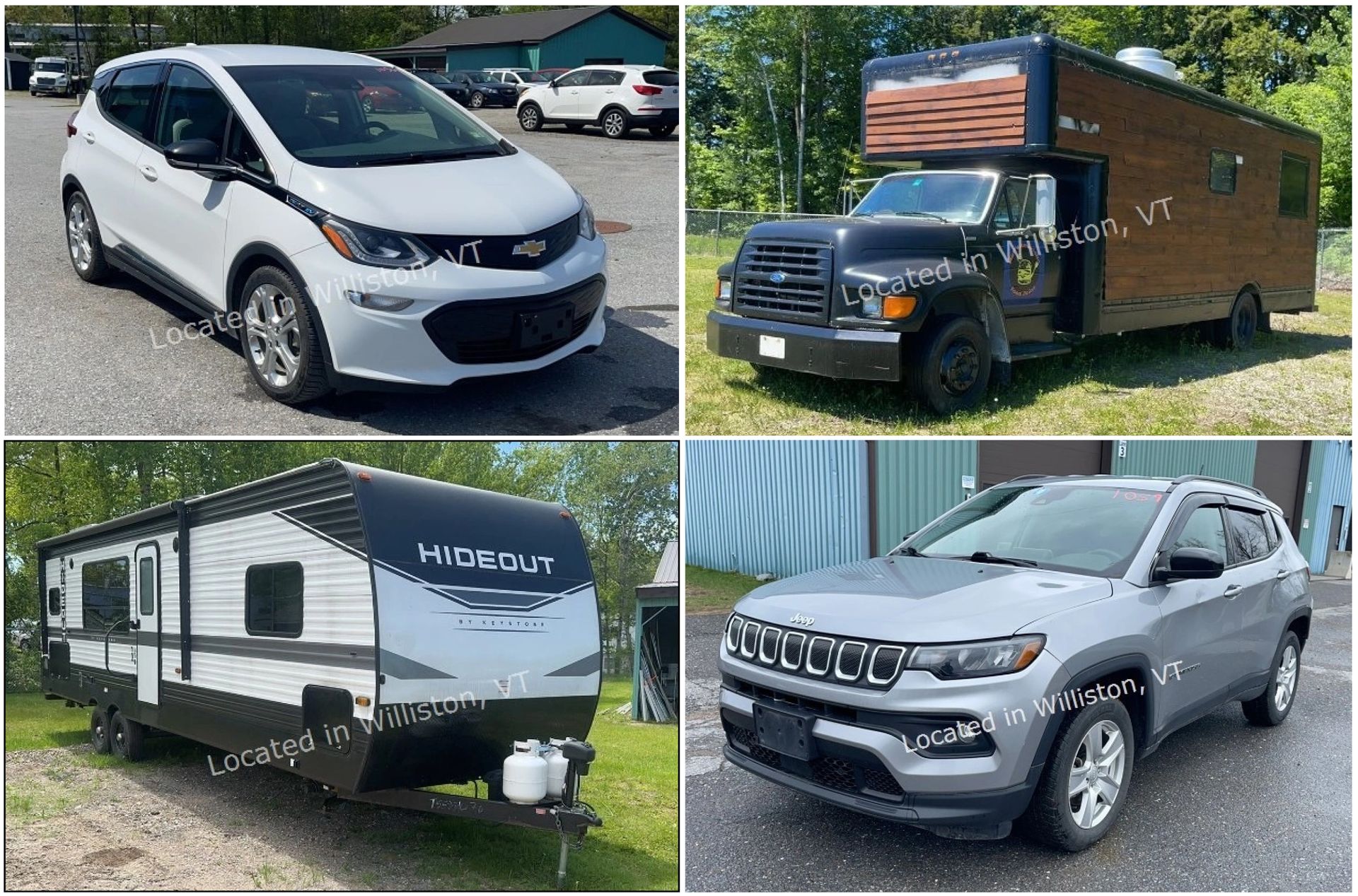 Four vehicles: blue pickup truck, gray sedan, gray minivan, and white refrigerated box truck.