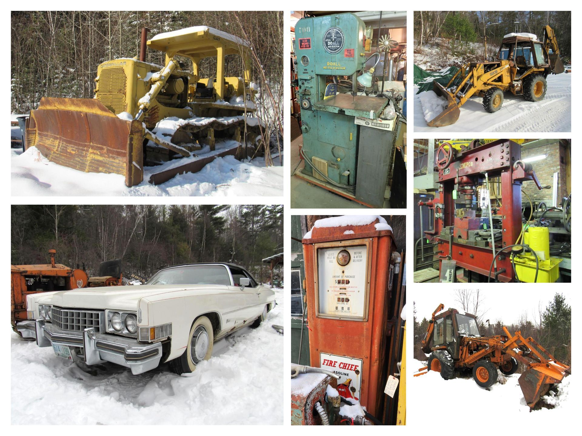 Collage of various vintage machinery: bulldozer, industrial press, backhoes, classic car, and antique gas pump