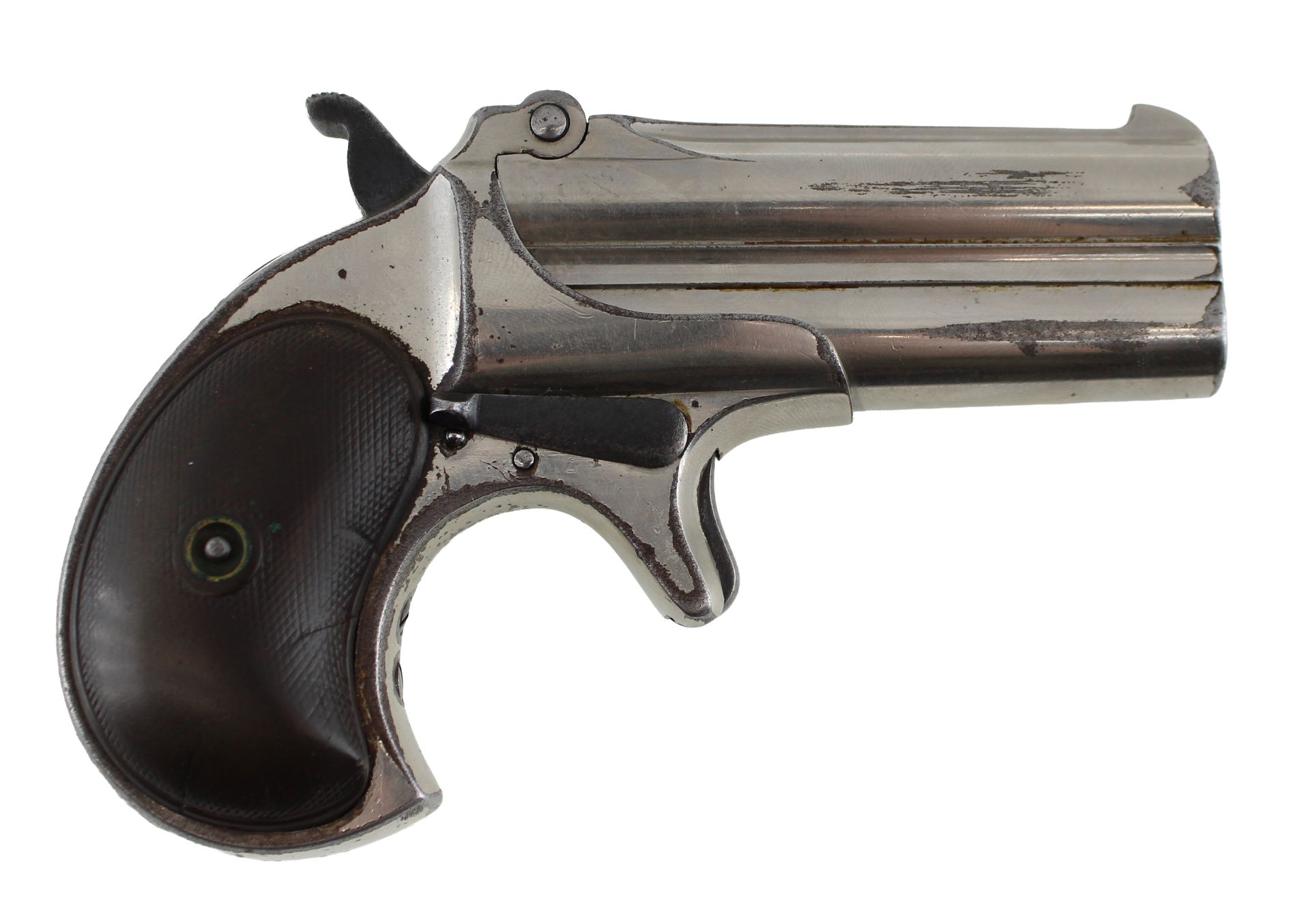 Antique silver derringer pistol with black curved grip on a white background