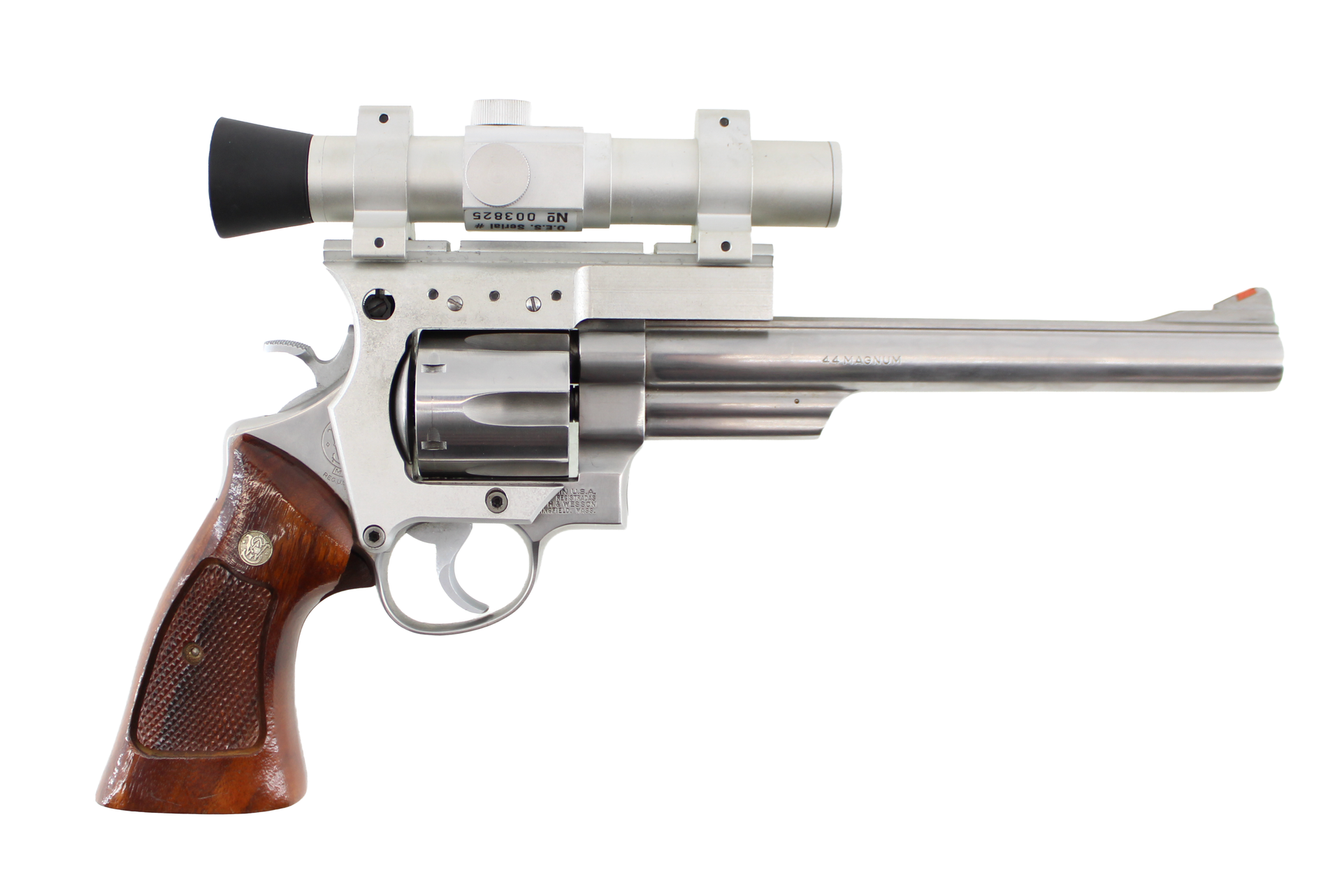 Chrome revolver with wooden grip and mounted scope on white background