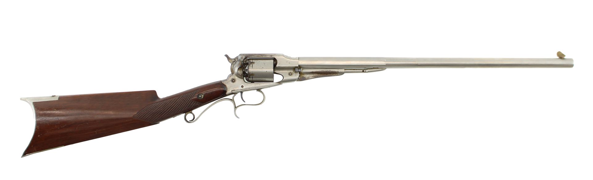 Antique long-barreled rifle with wooden stock on a white background