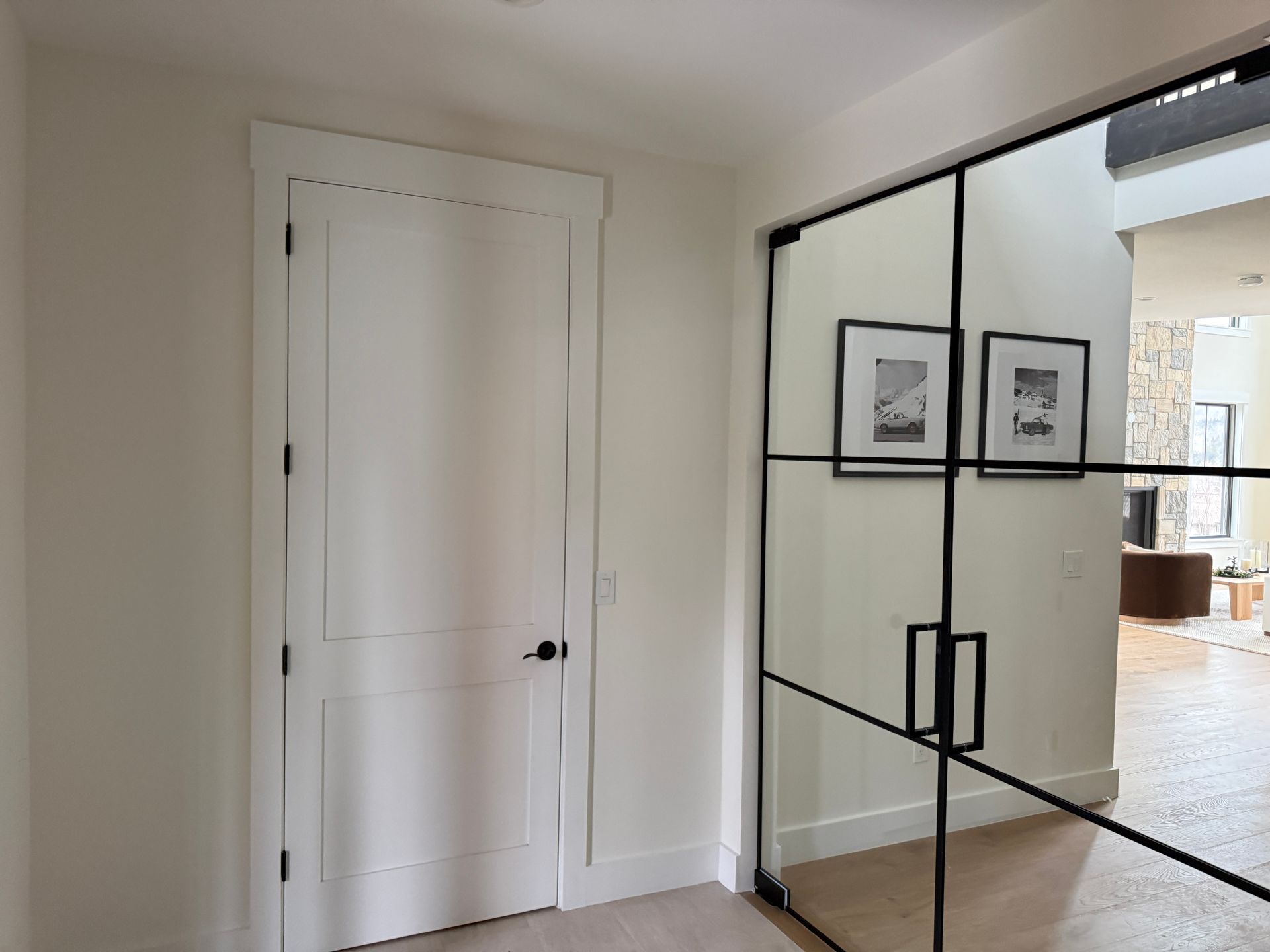 A white interior door next to a black-framed glass wall partition leading into a bright living room.