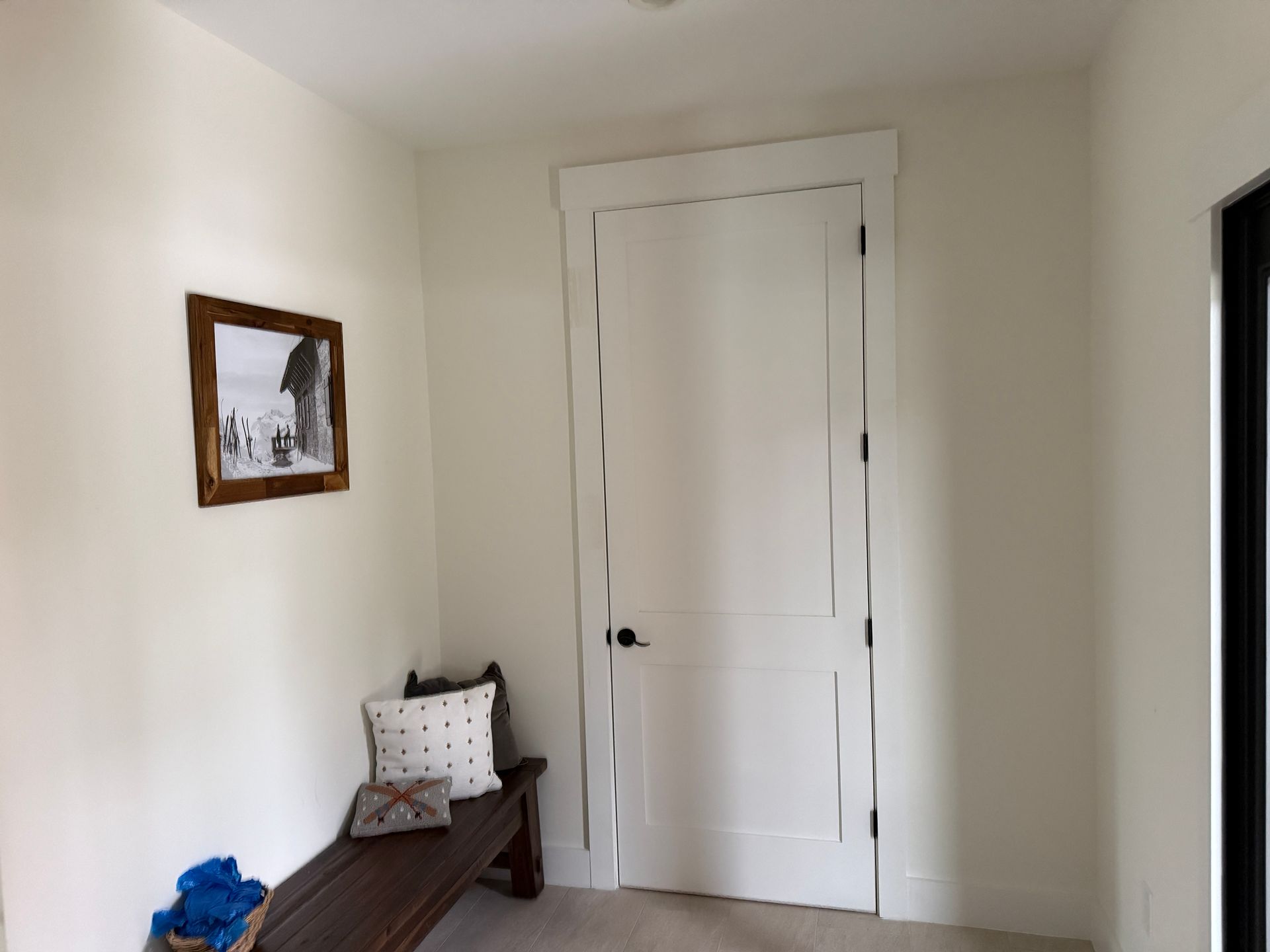 A white interior door with dark hardware next to a wooden bench with a patterned pillow, against a light wall.