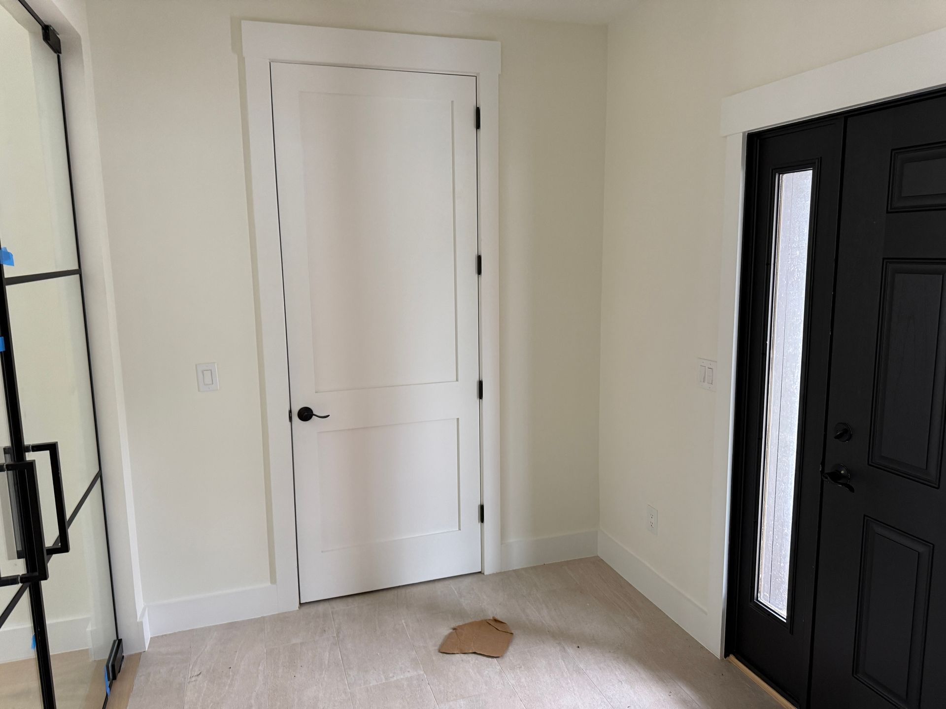 A white interior door next to a black front door with a glass panel in a light-floored entry hall.