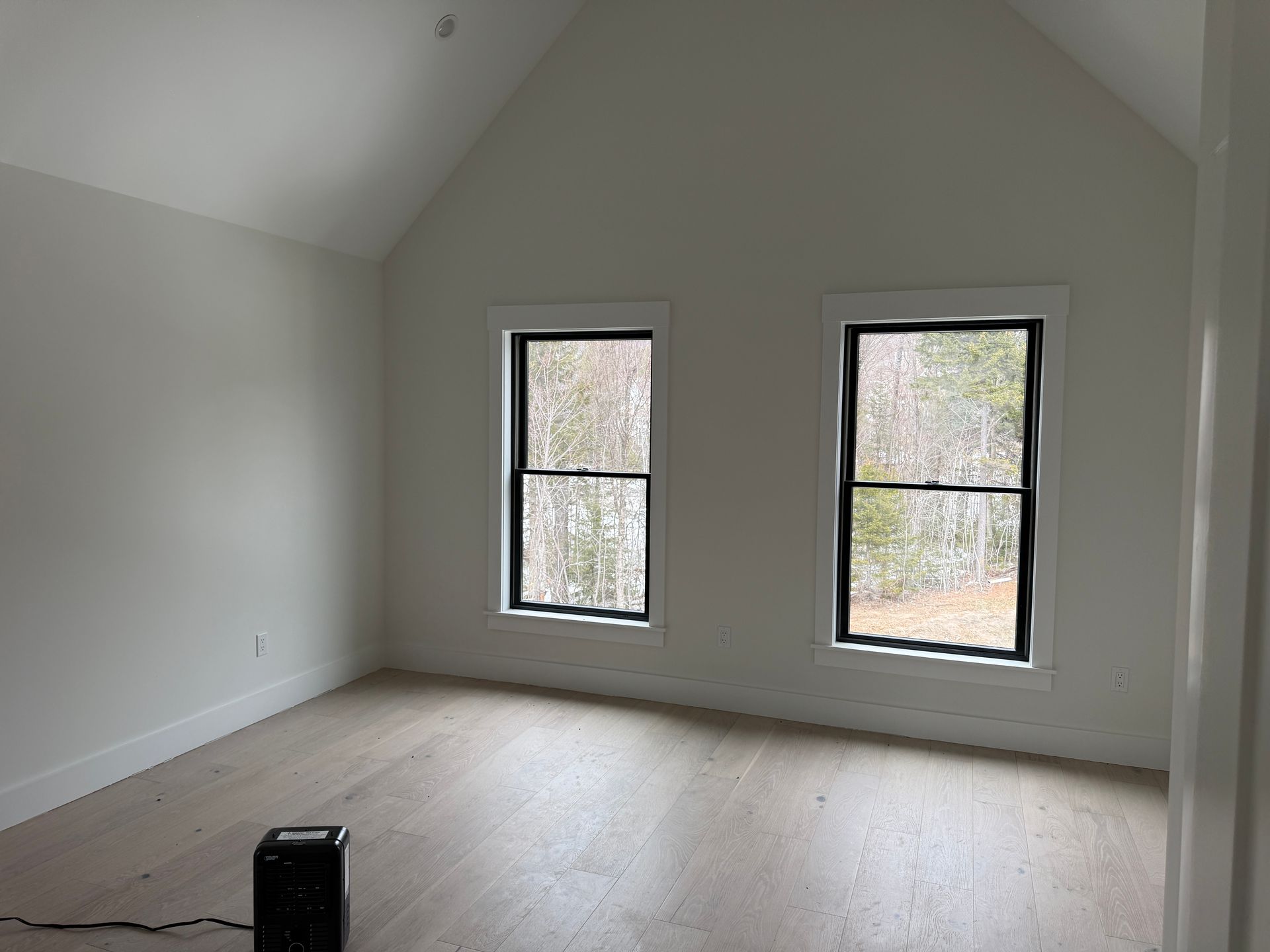 An empty room with white walls, light wood flooring, a vaulted ceiling, and two windows looking out at trees.