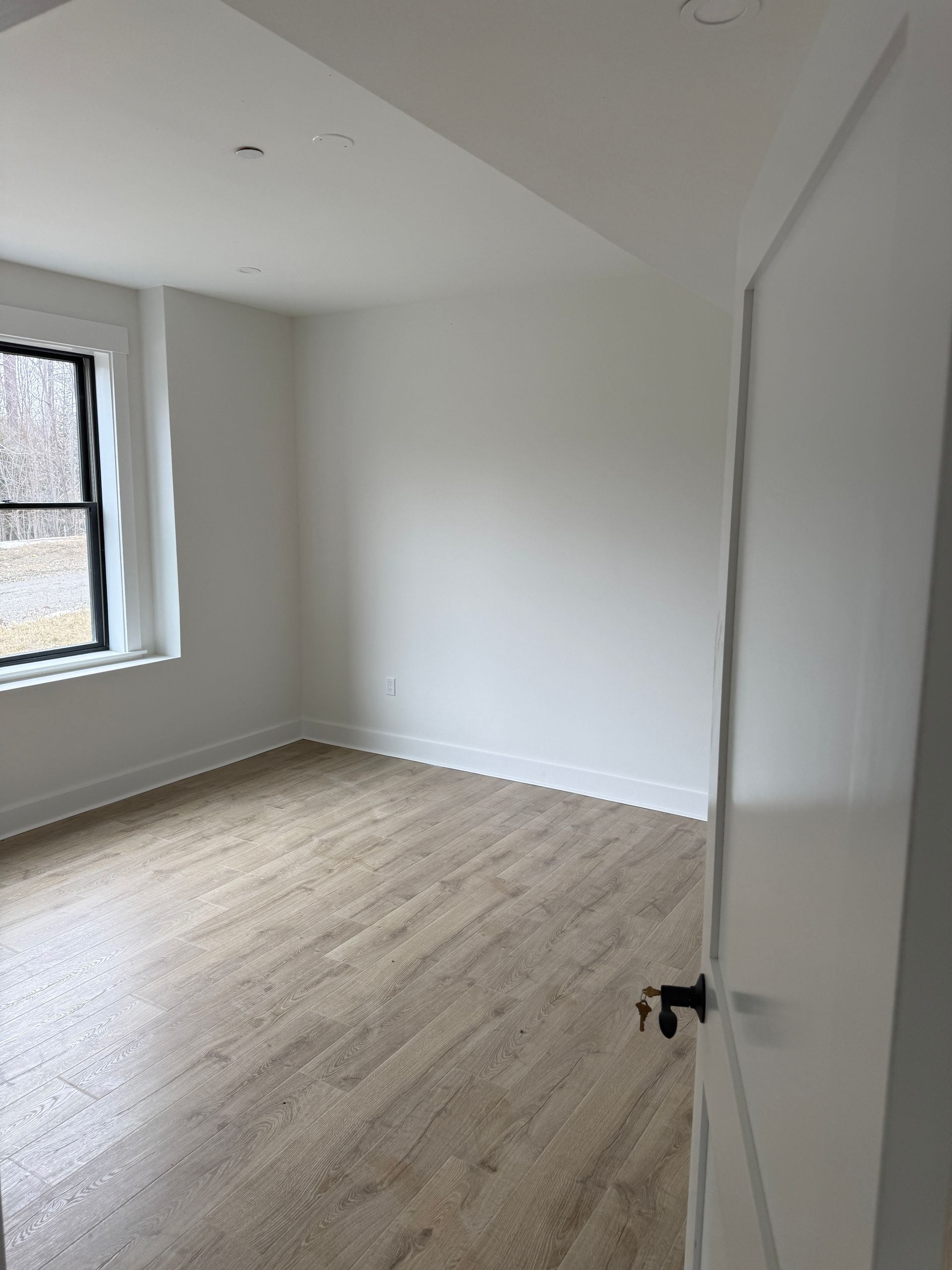 An empty room with white walls, light wood-look flooring, and a single window viewed through an open doorway.