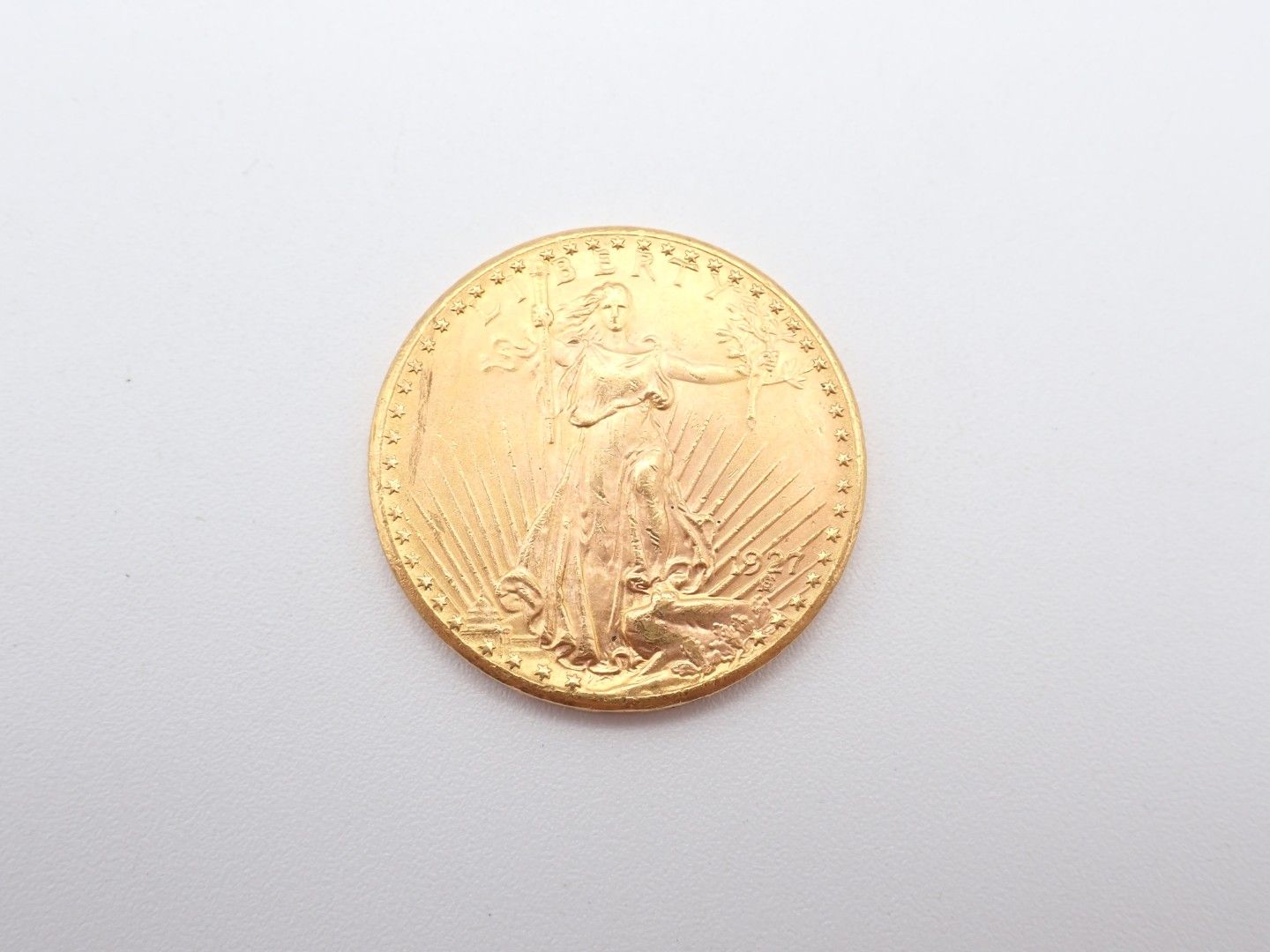 Gold coin with a standing figure on a light gray background