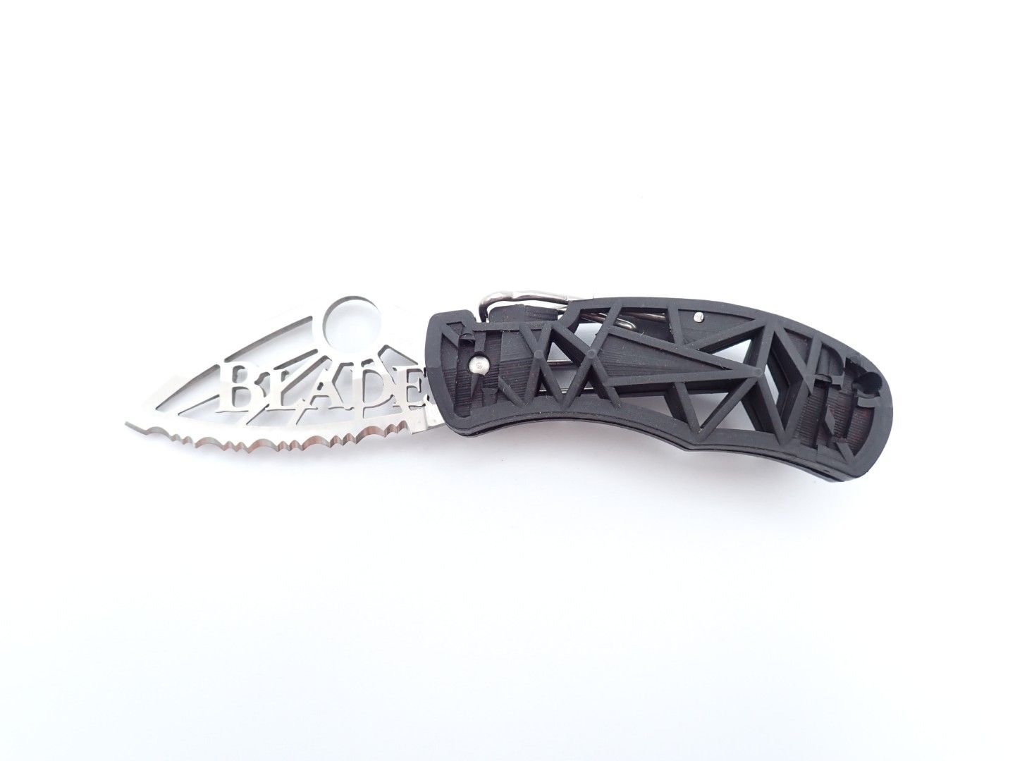 Black folding knife with silver blade on a white background