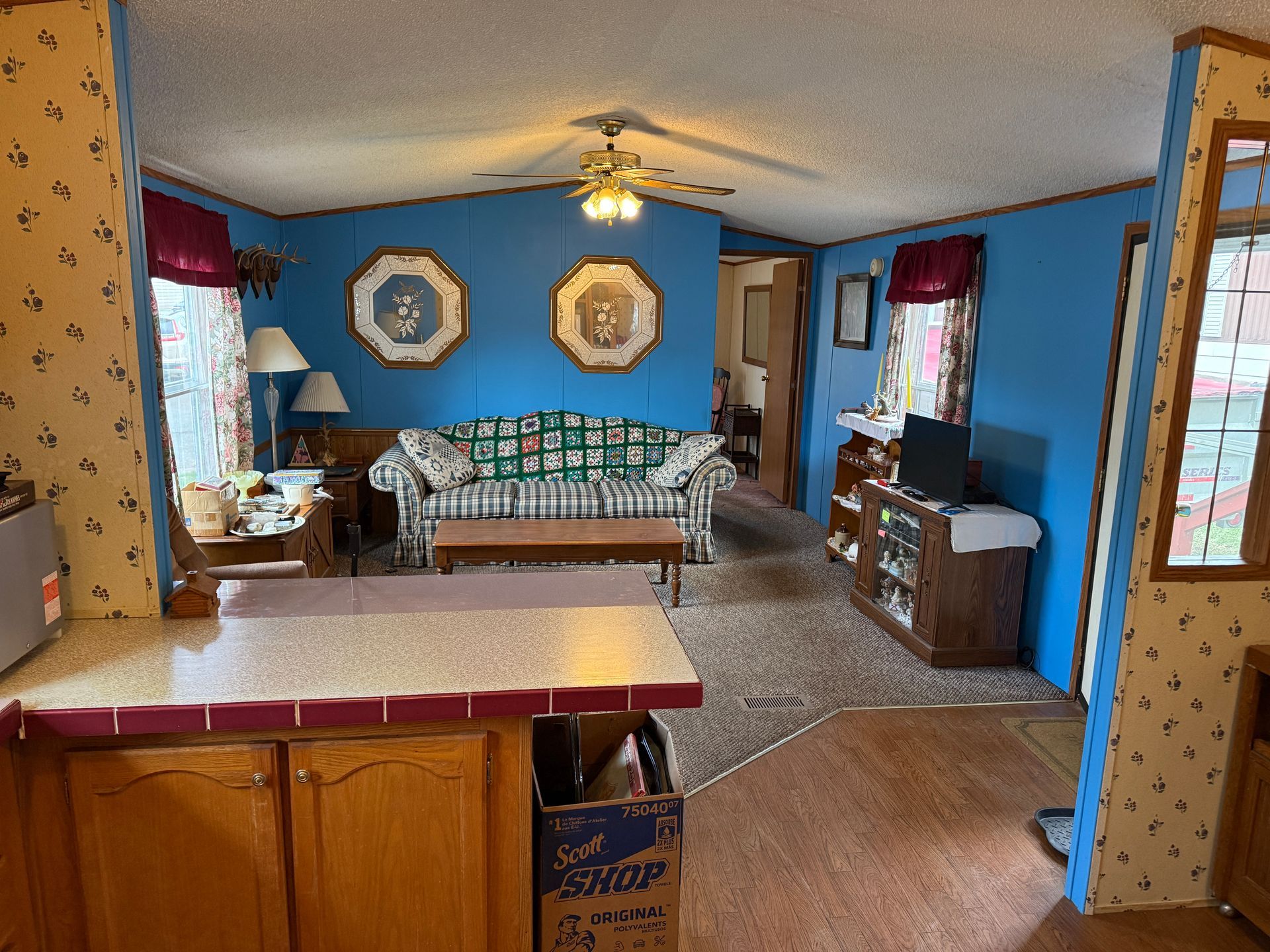 Bright blue living room with couch, table, fan, and windows in a cozy home interior