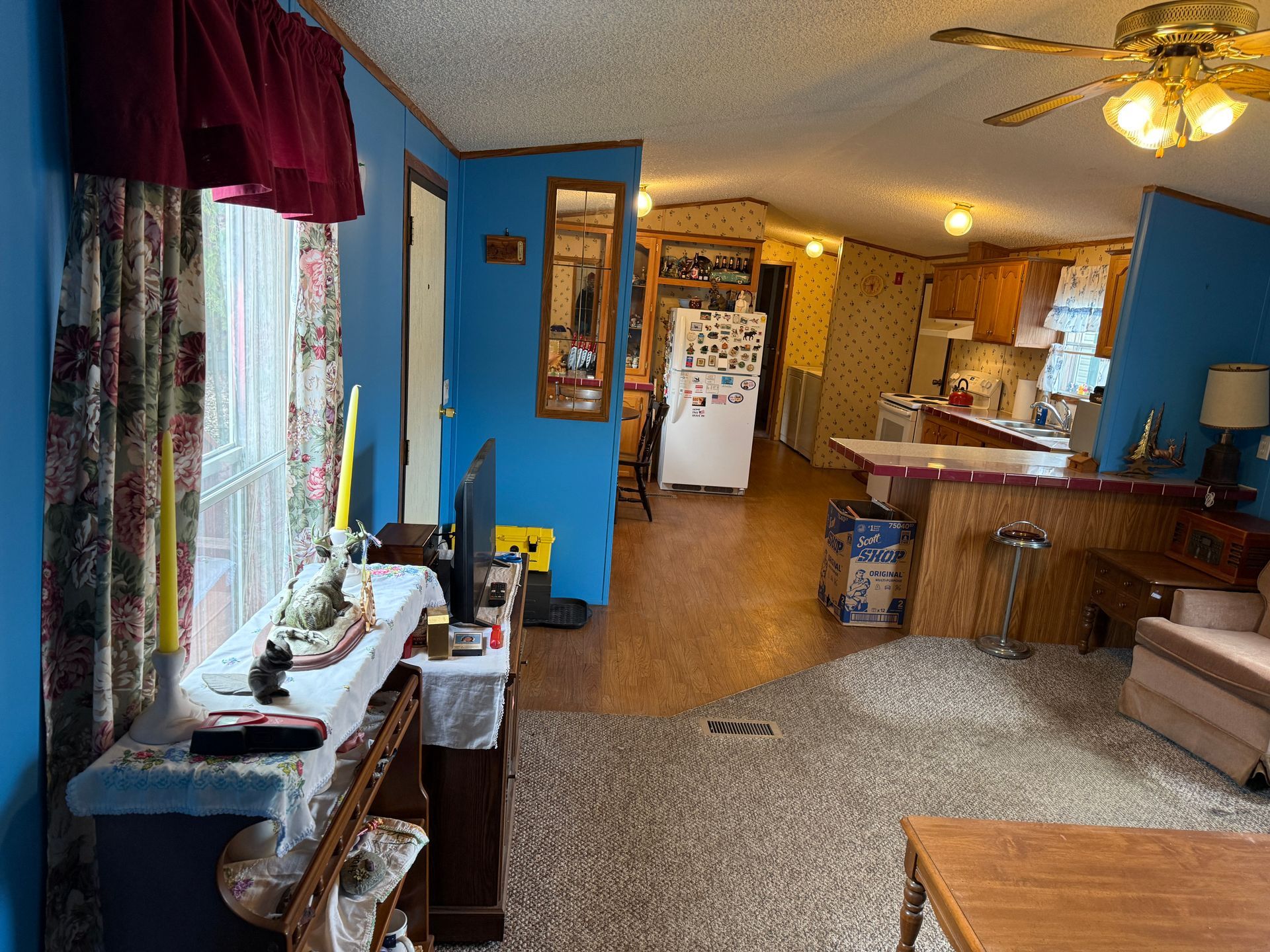 Living room and kitchen with blue walls, carpet, curtains, and a ceiling fan under warm lighting