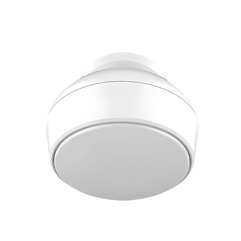 Luminaire blanc fixé au plafond, de forme ronde avec un fond plat et un corps incurvé.