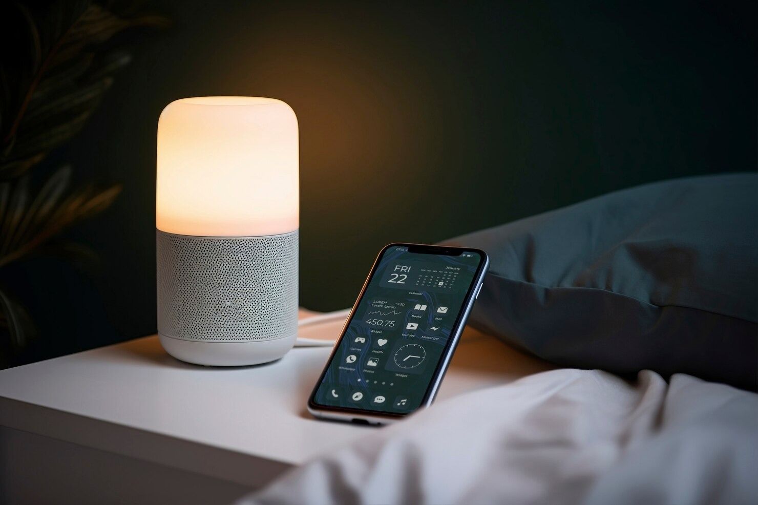 Lampe de chevet allumée à côté d'un smartphone affichant une interface de contrôle, posé sur une table de nuit blanche.