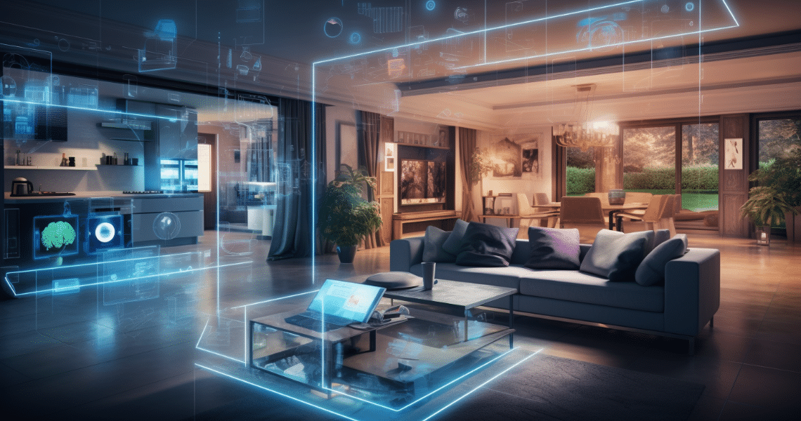 Intérieur de maison intelligente avec superposition numérique ; cuisine, salon et ordinateur portable avec flux de données.