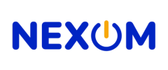 Logo bleu « NEXUM » avec un symbole de bouton d'alimentation jaune.