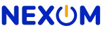 Logo NEXOM : lettres bleues, bouton d'alimentation et accent orange.