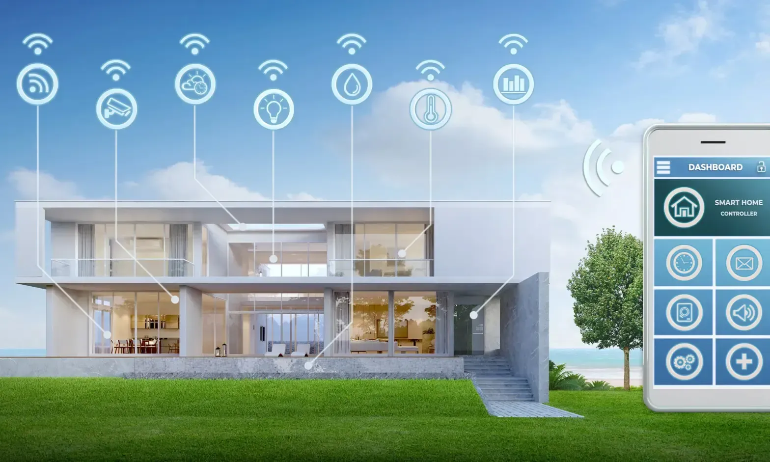 Main tenant un téléphone affichant des données d'efficacité énergétique, avec des icônes de maison intelligente